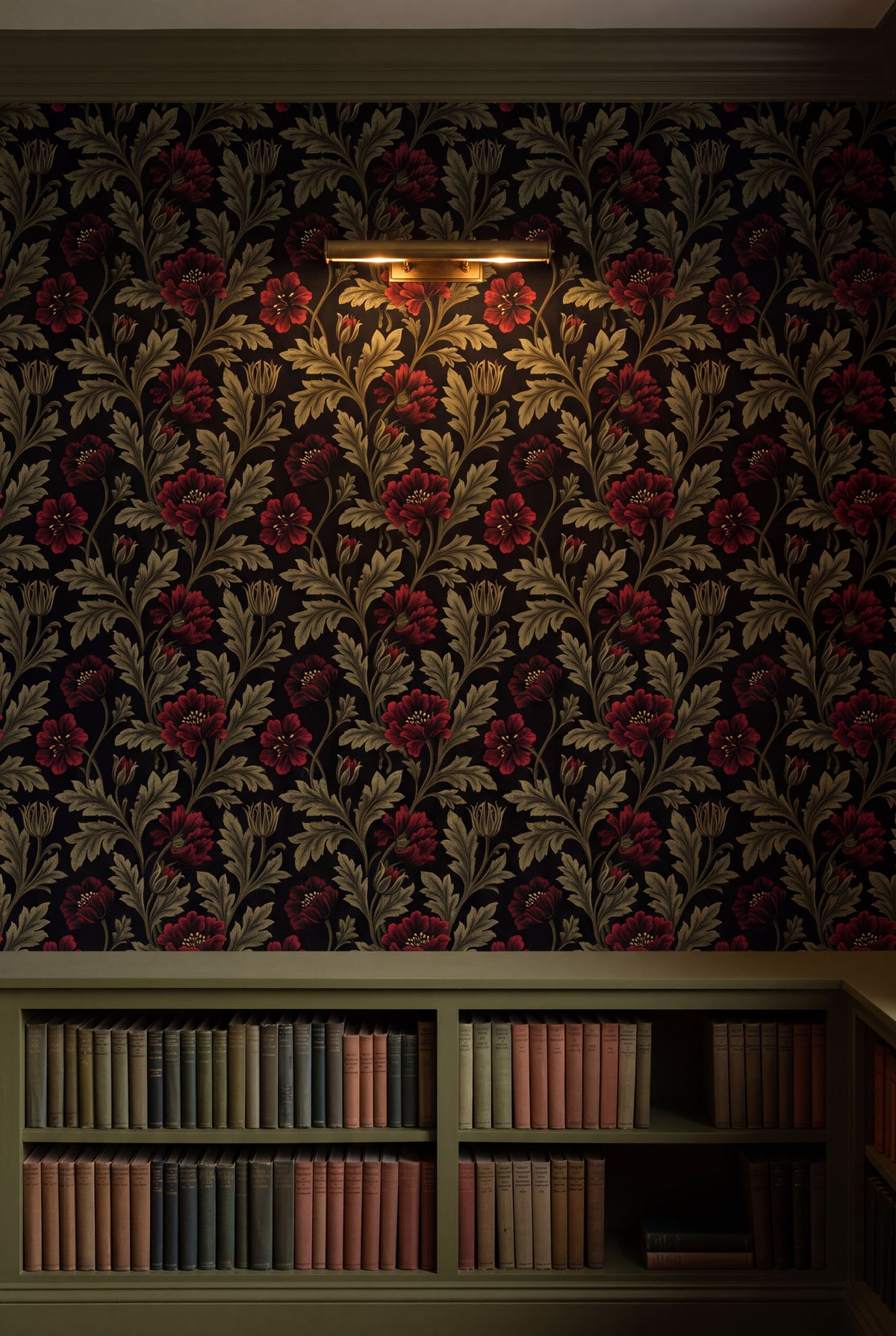 Ember Poppy wallpaper shown in a library