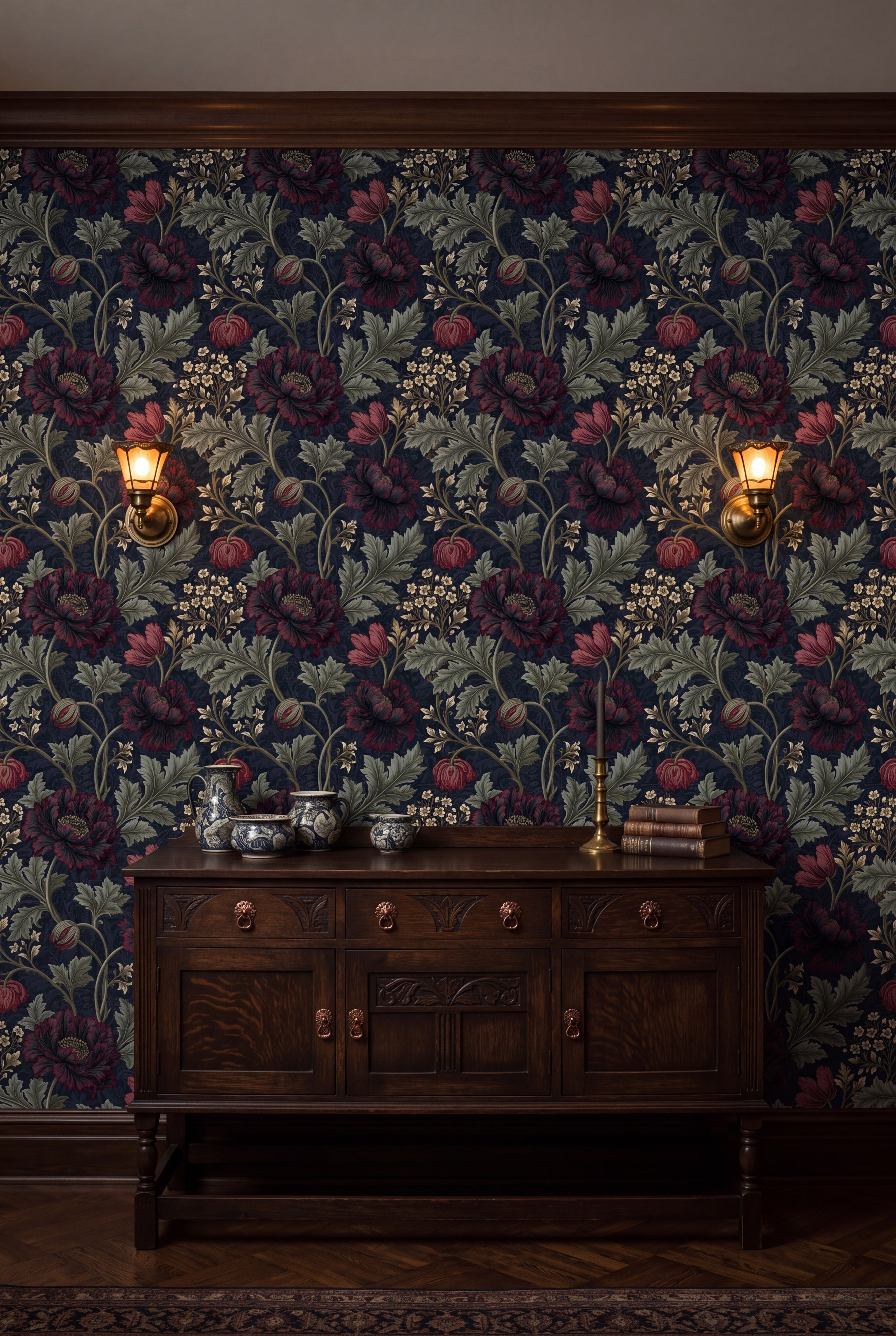 Nocturne Poppy wallpaper shown in a dining room