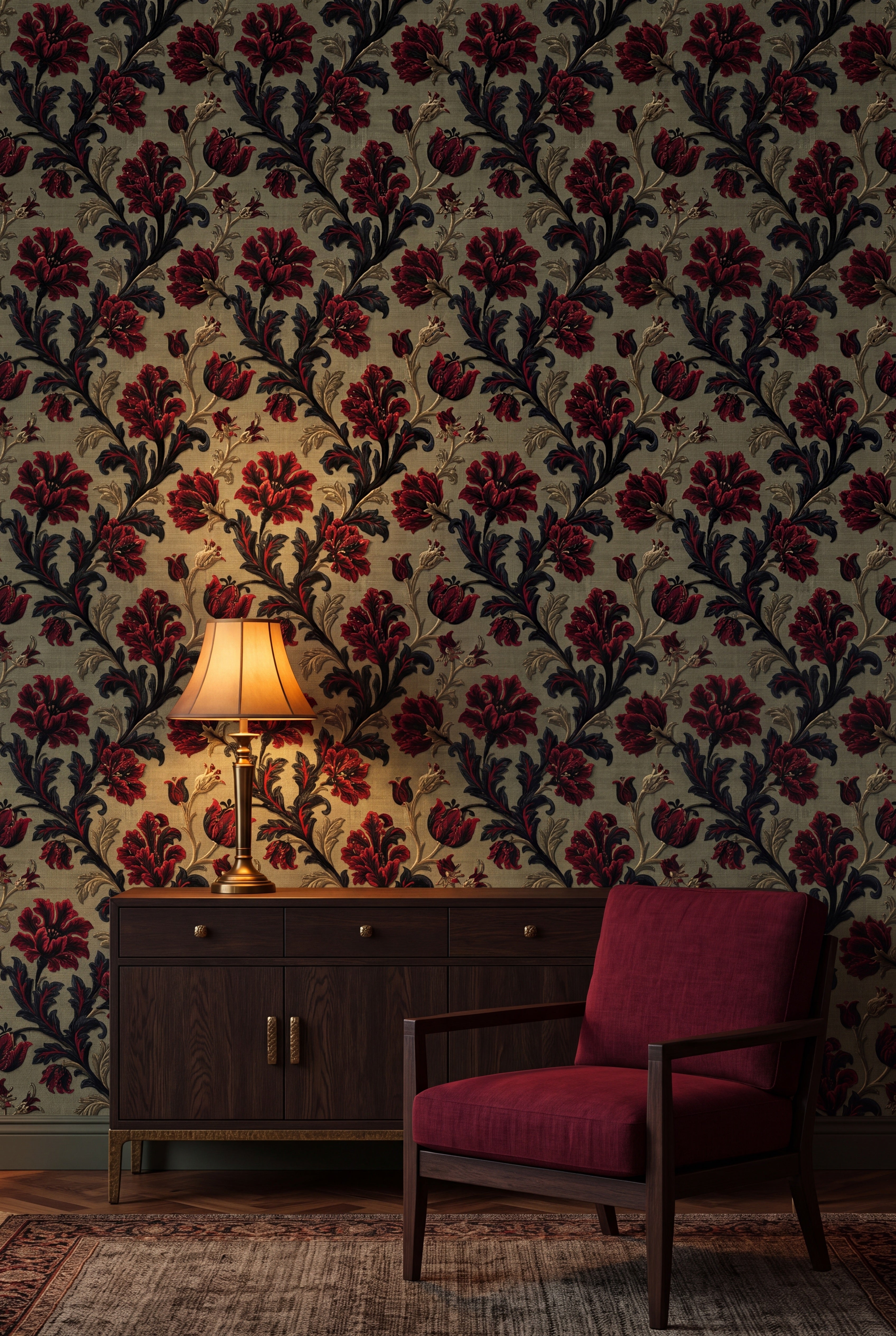 Sage Carnation wallpaper shown in a living room