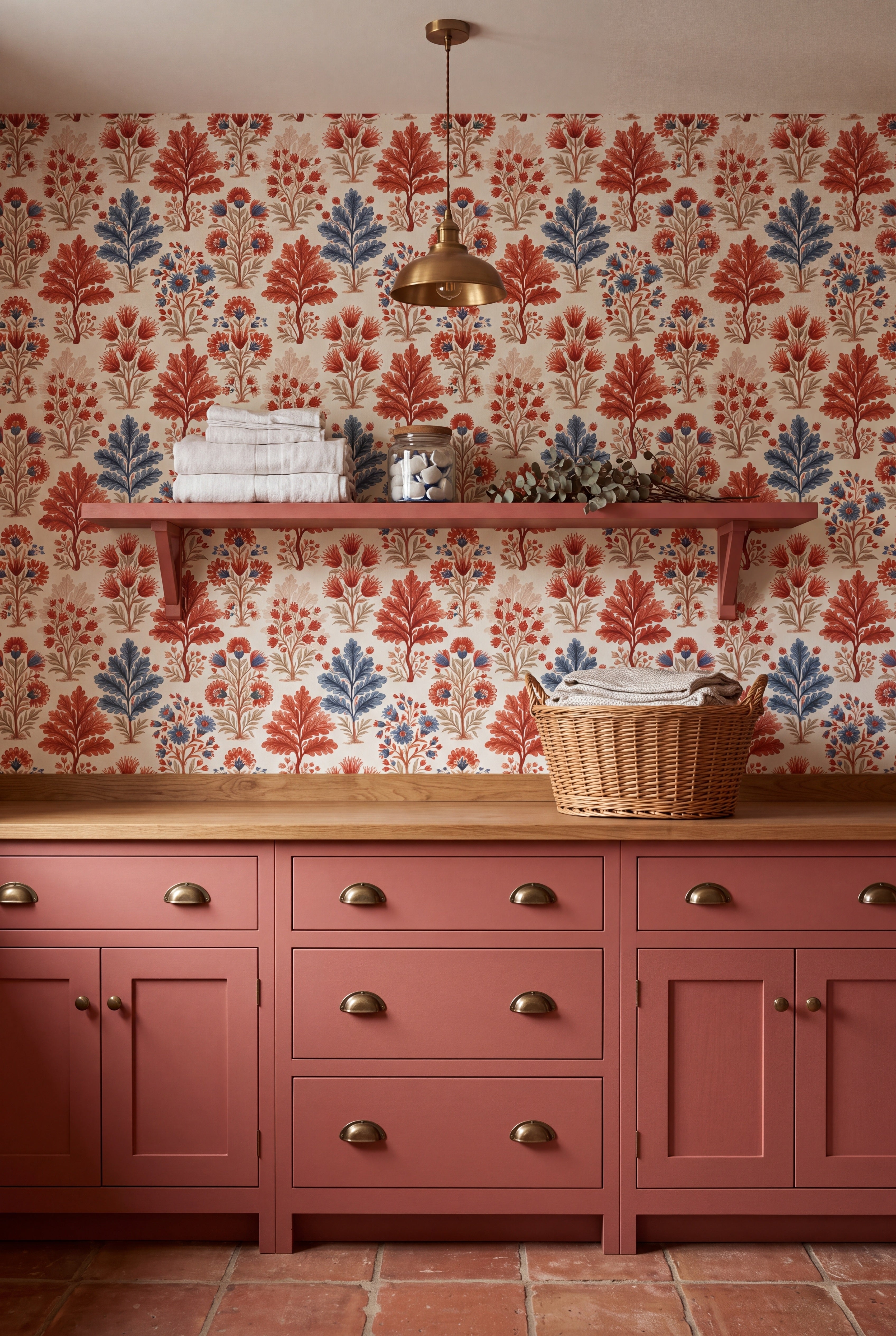 Folk Bloom wallpaper shown in a laundry room