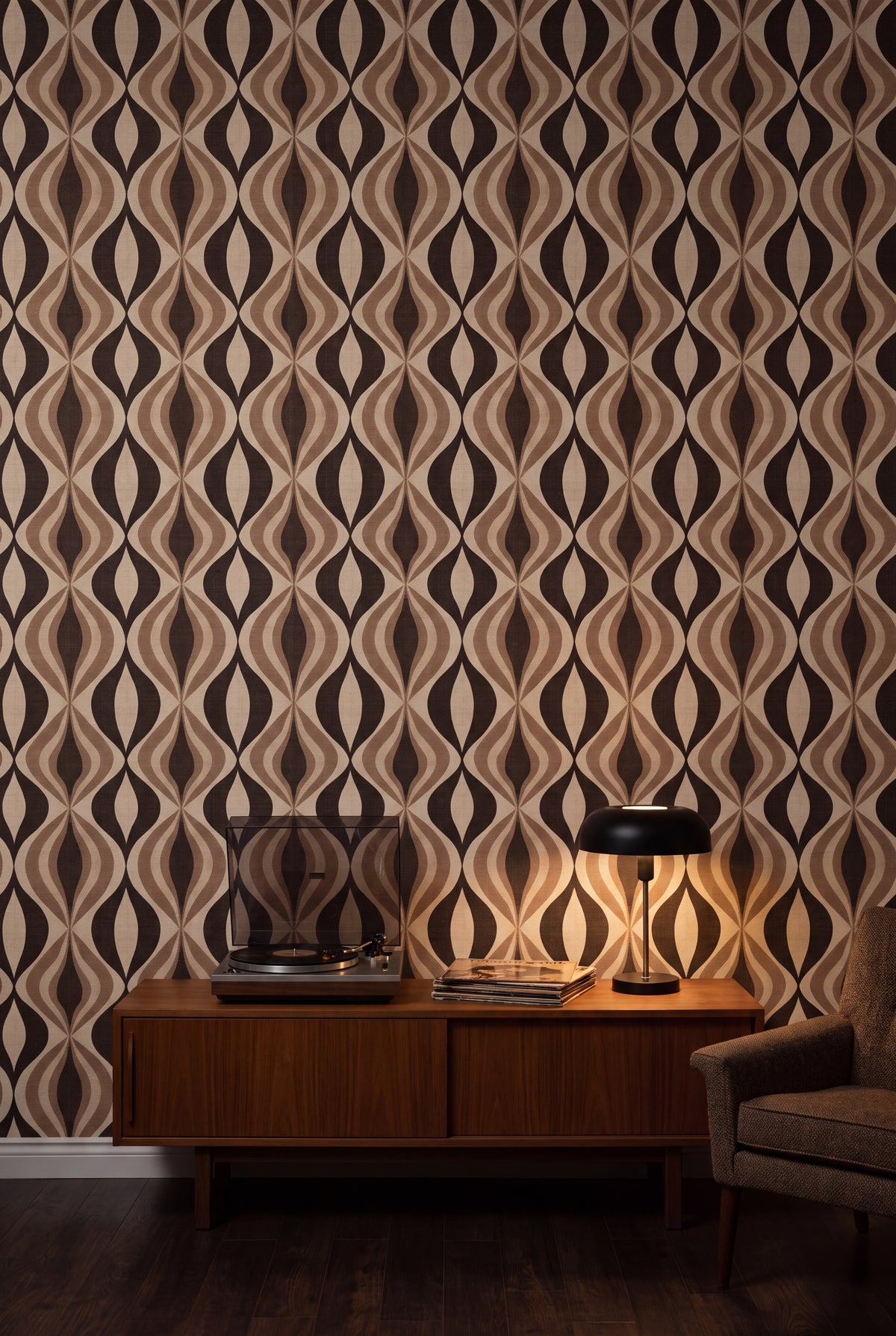 Cocoa Marquise wallpaper shown in a media room
