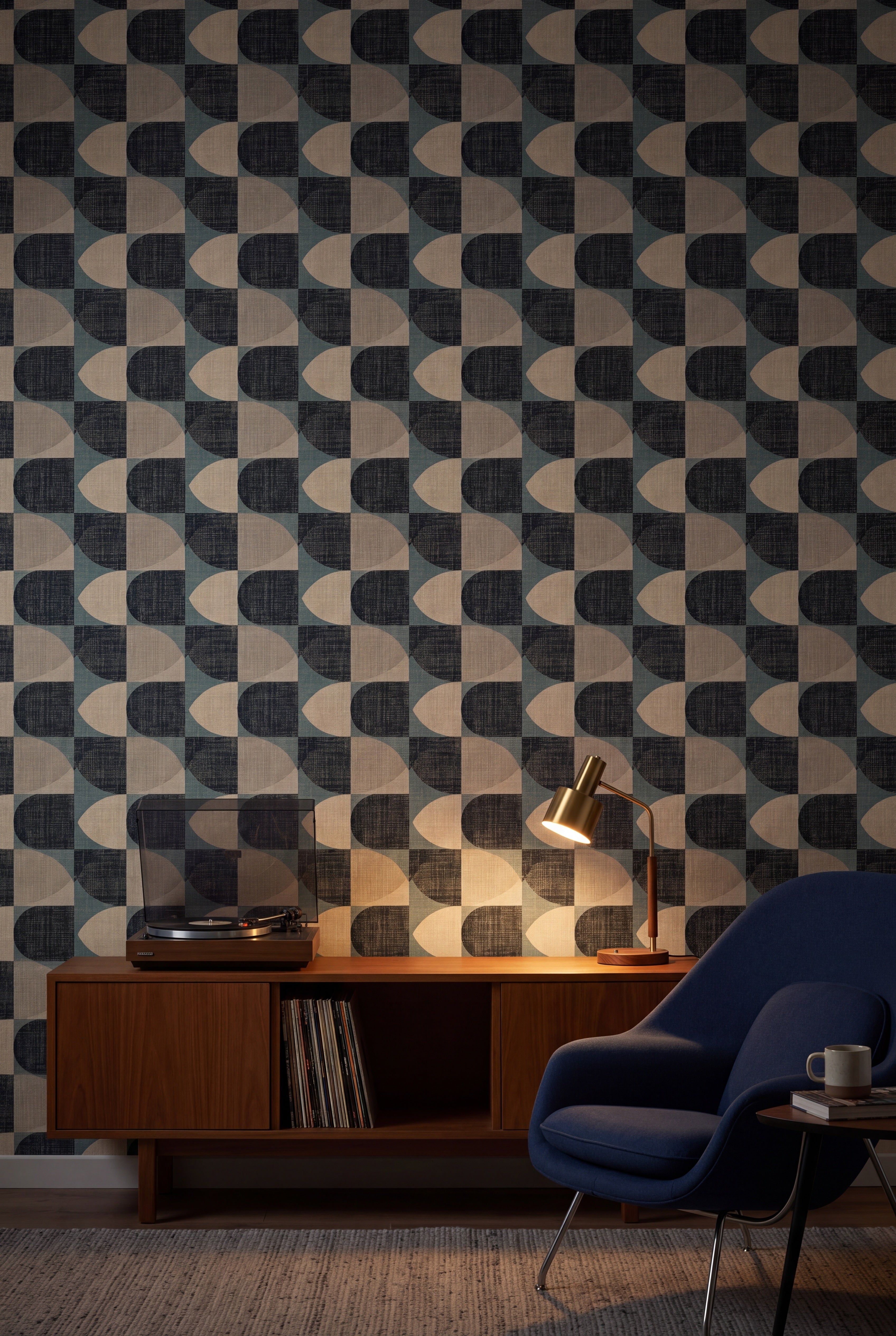 Tidewater Arc wallpaper shown in a media room