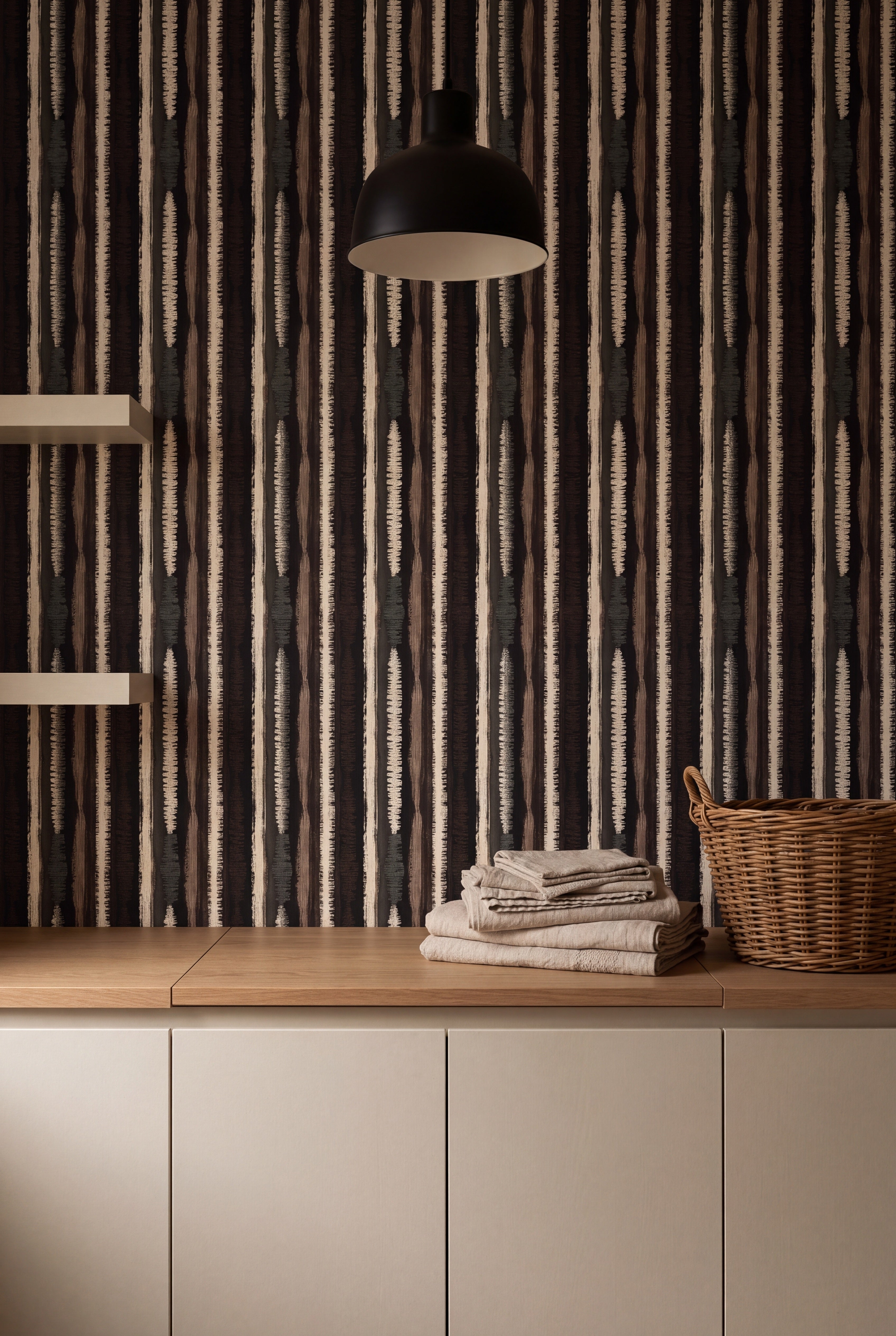 Birchbark Stripe wallpaper shown in a laundry room