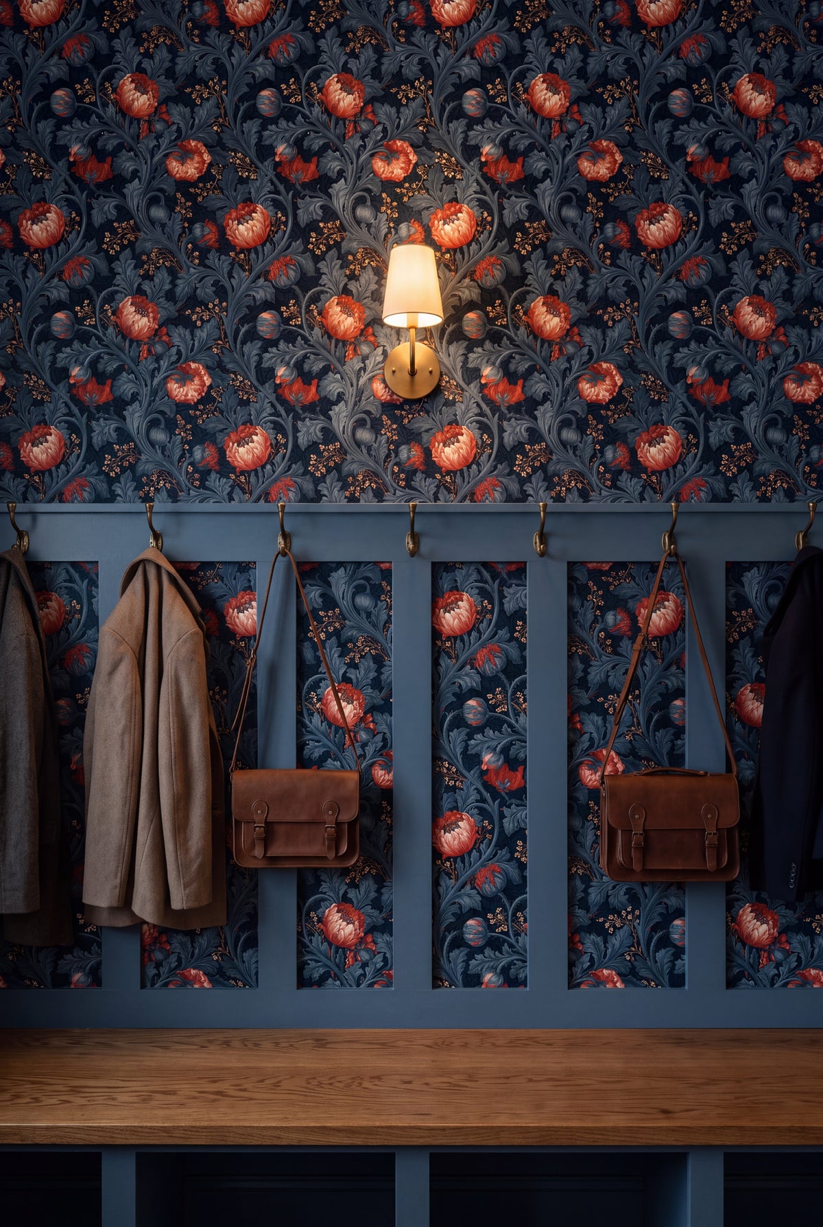 Coral Bower wallpaper shown in a mudroom