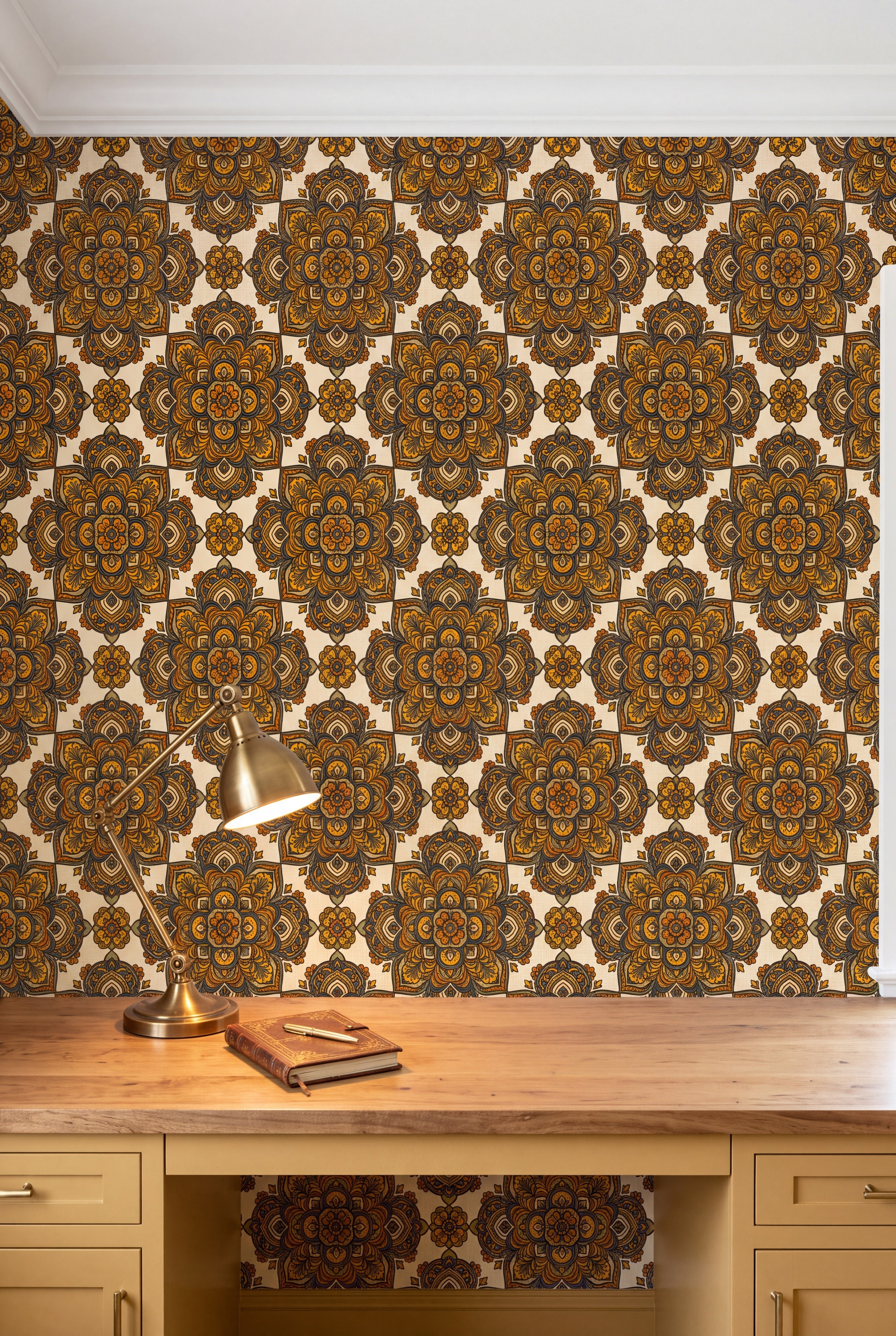 Saffron Mandala wallpaper shown in a home office