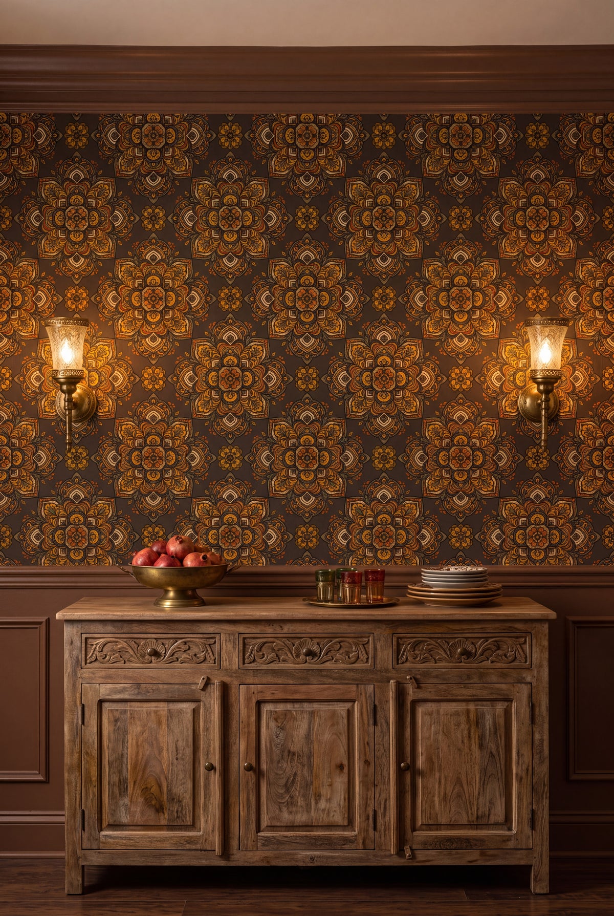 Marrakesh Medallion wallpaper shown in a dining room
