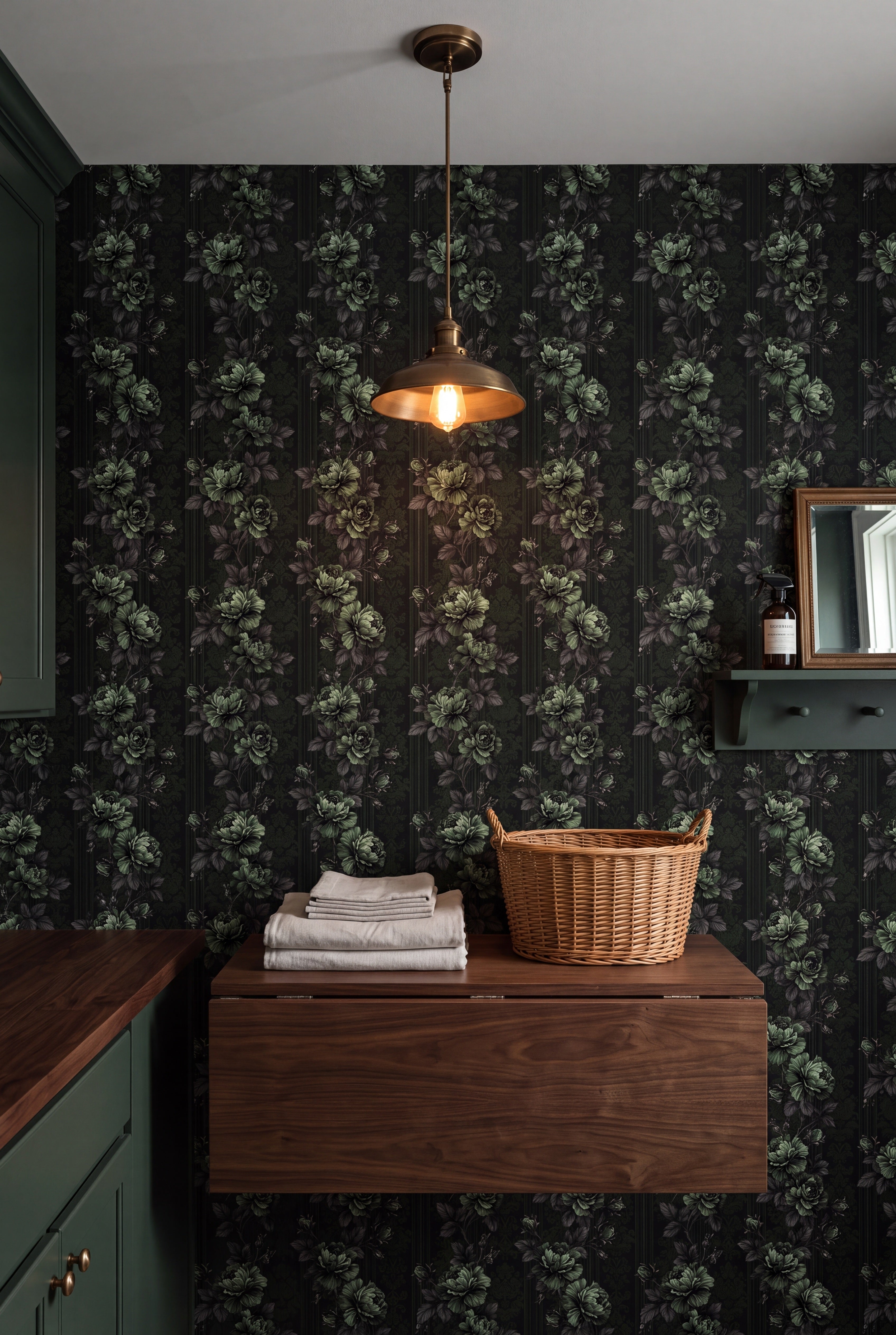 Ivy Nocturne wallpaper shown in a laundry room