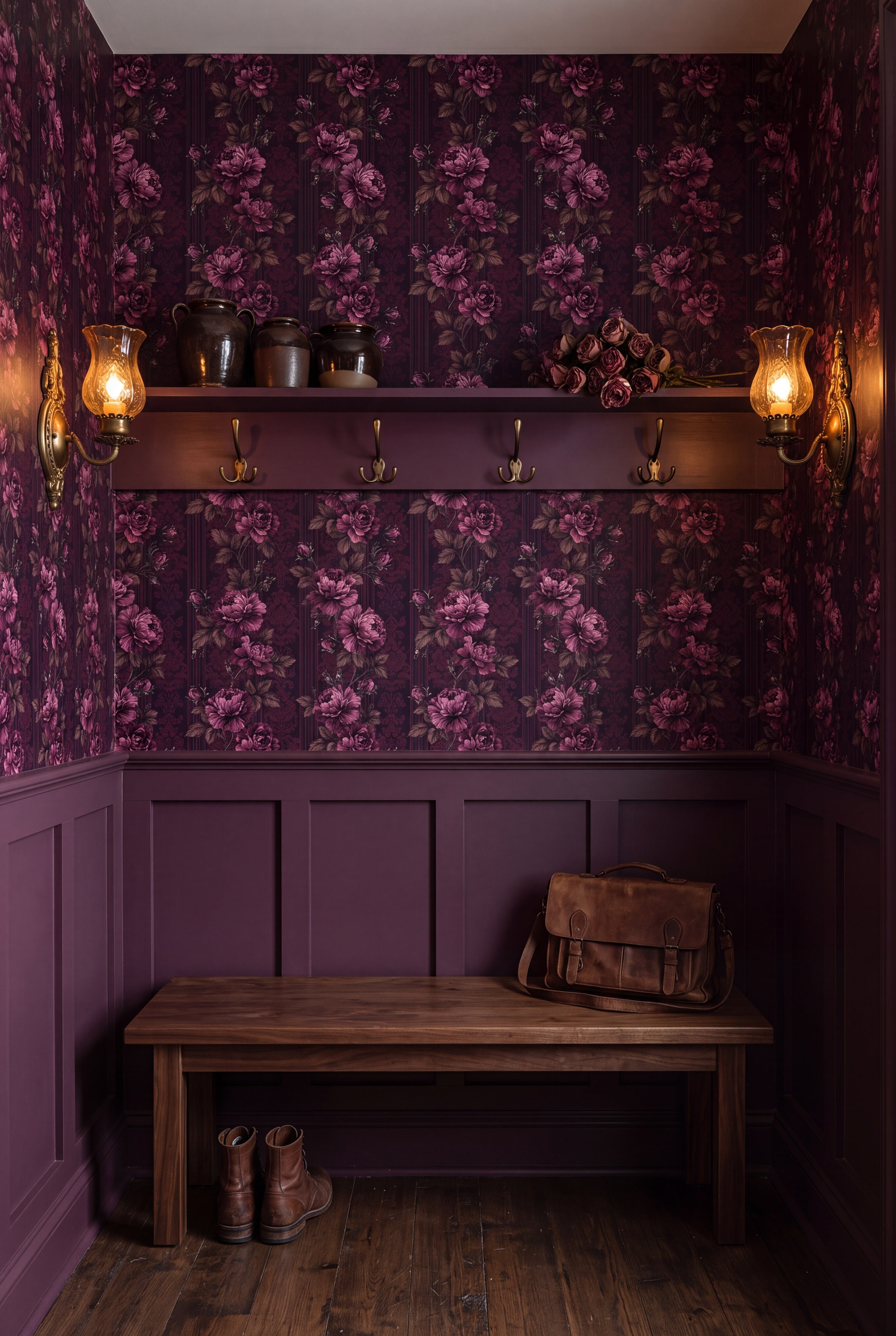 Damson Rose wallpaper shown in a mudroom