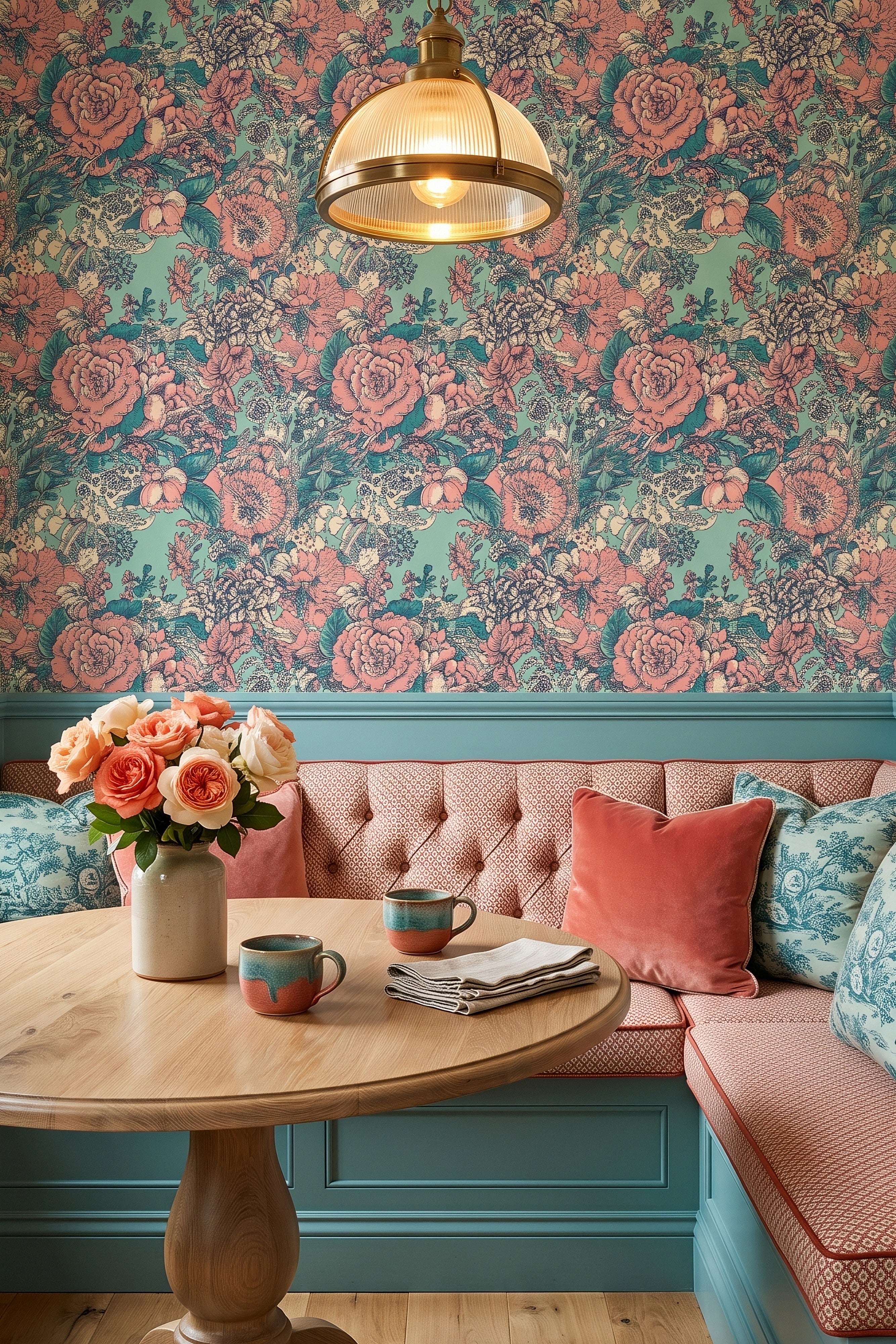 Coral Toile wallpaper shown in a cozy nook