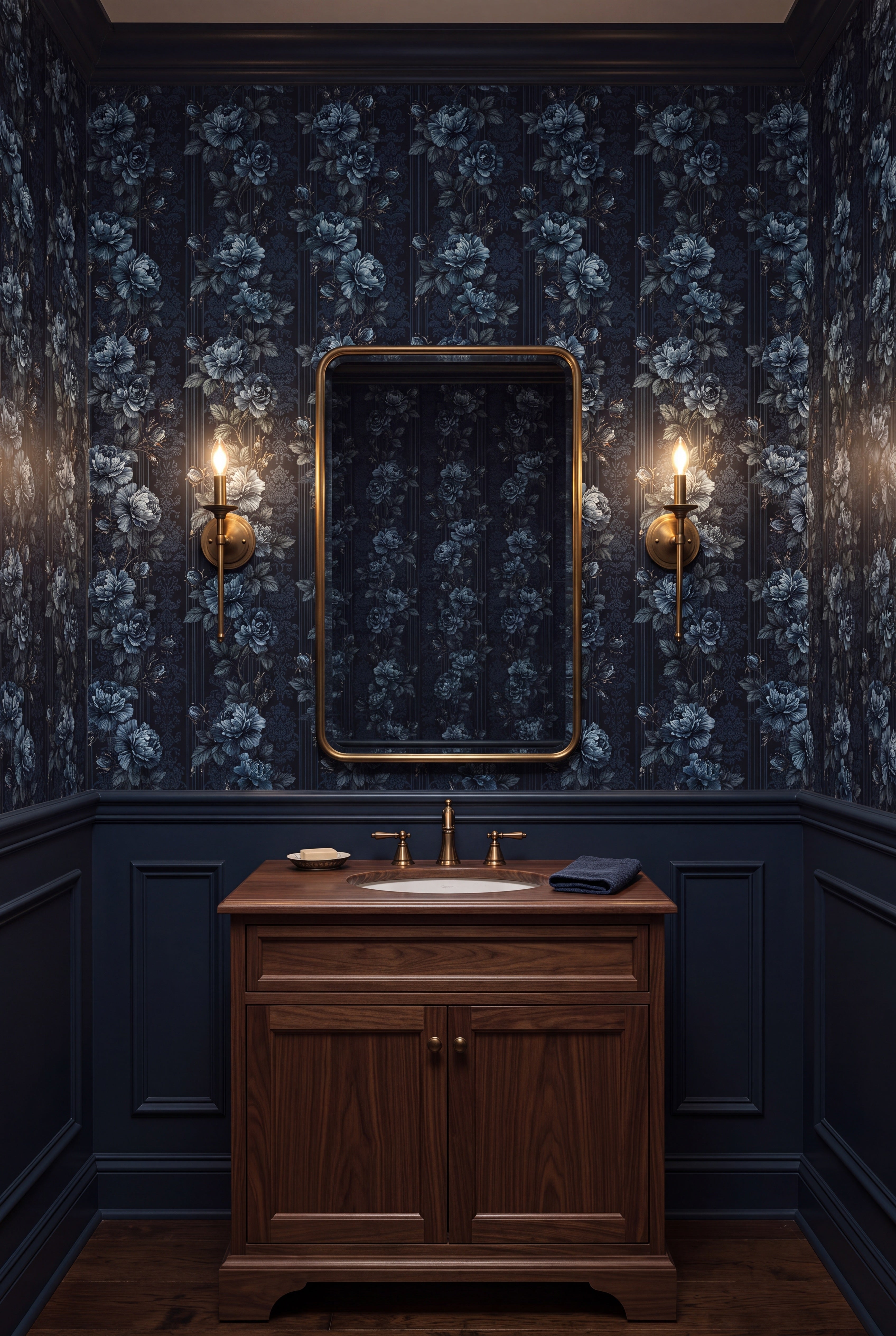 Midnight Rose wallpaper shown in a powder room