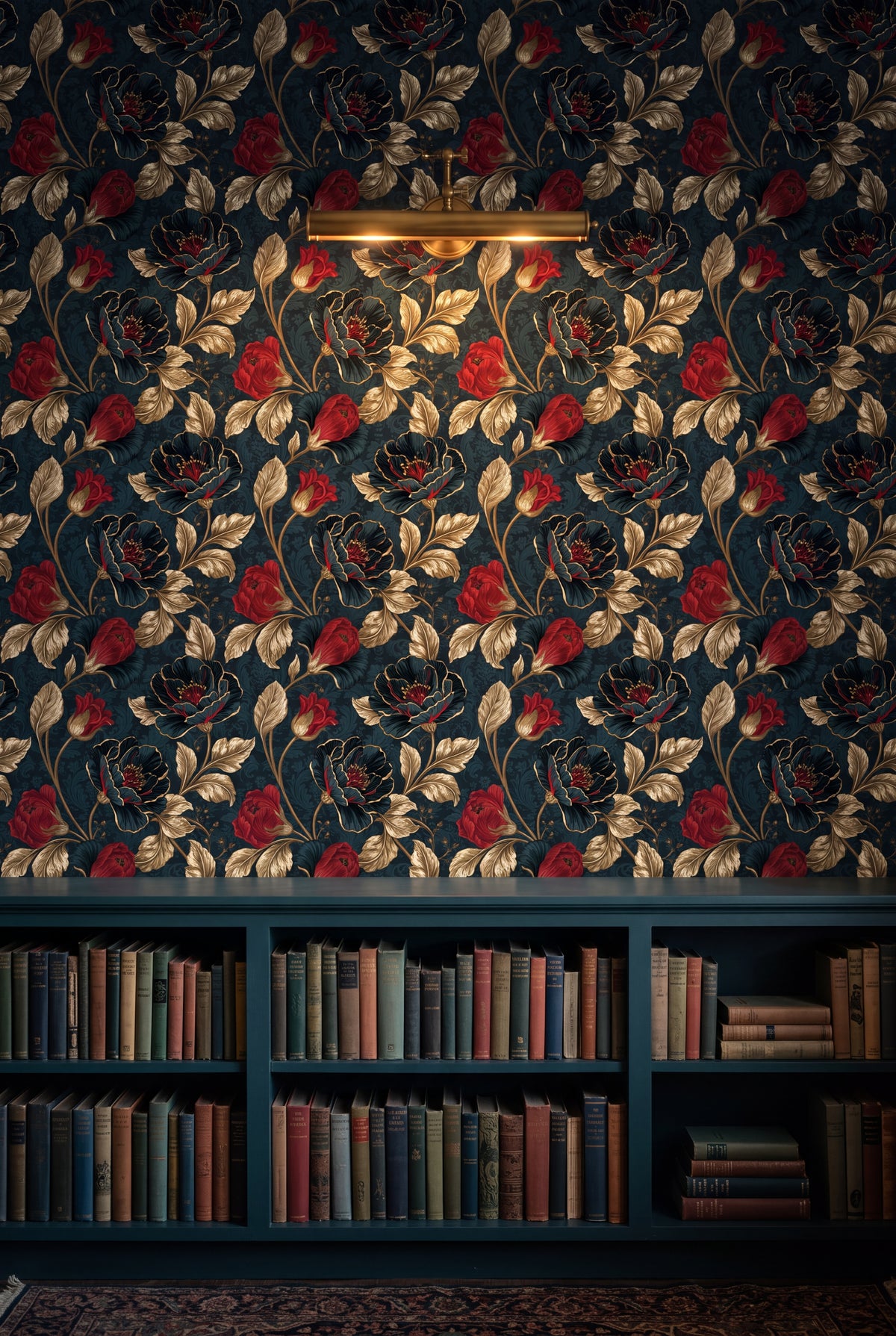 Gilded Poppy wallpaper shown in a library
