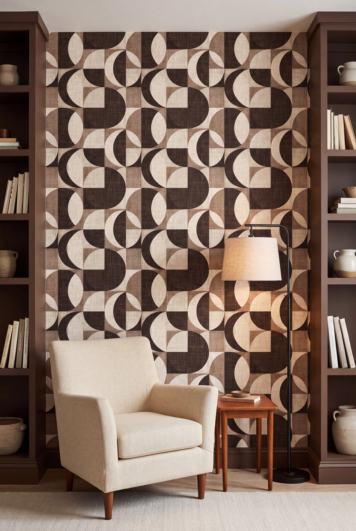 Cocoa Eclipse wallpaper shown in a reading nook