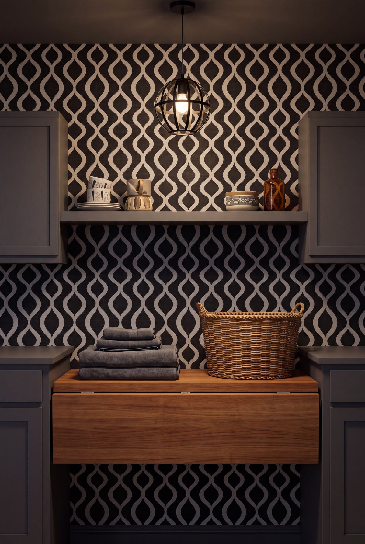Onyx Pendulum wallpaper shown in a laundry room