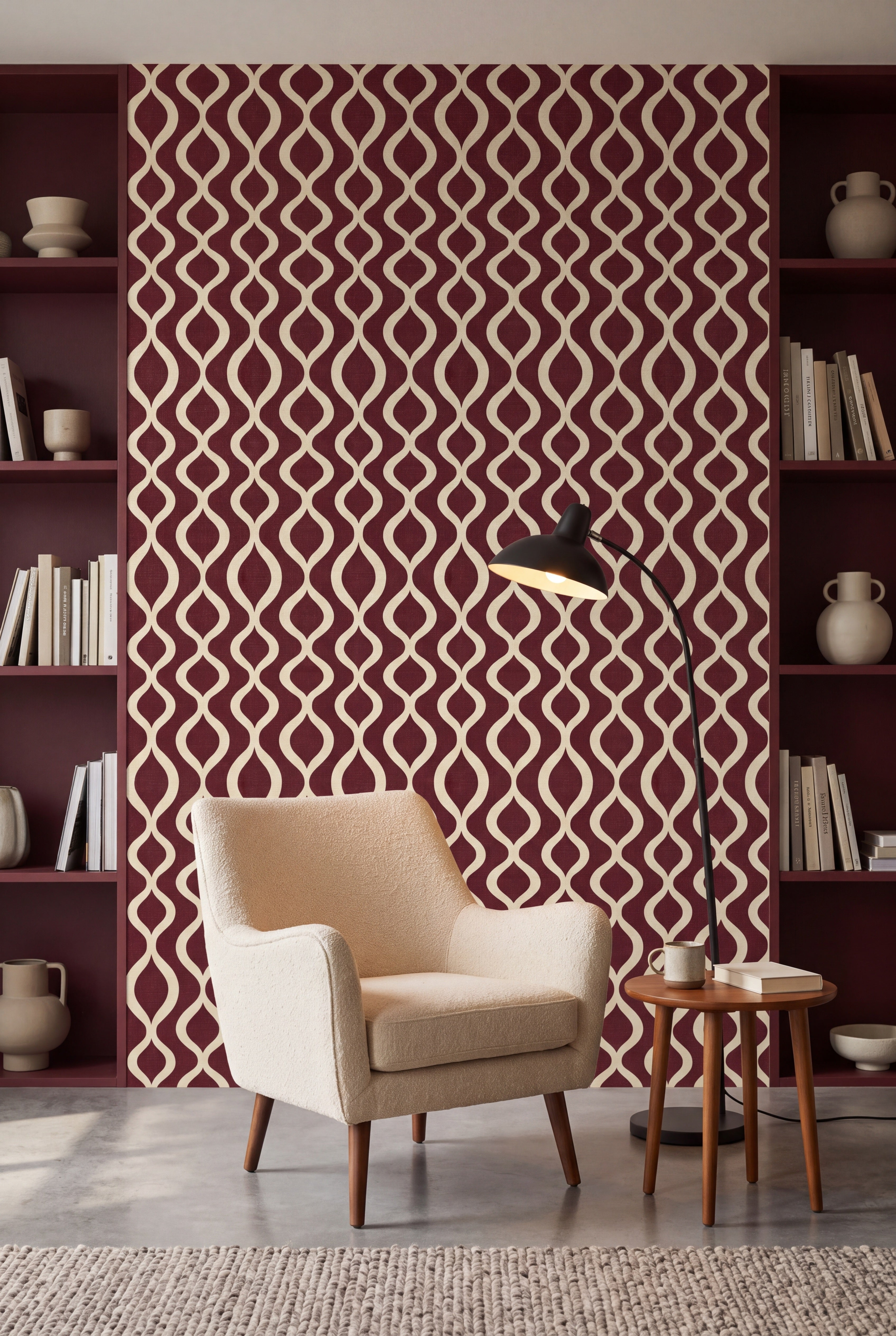 Claret Pendulum wallpaper shown in a reading nook
