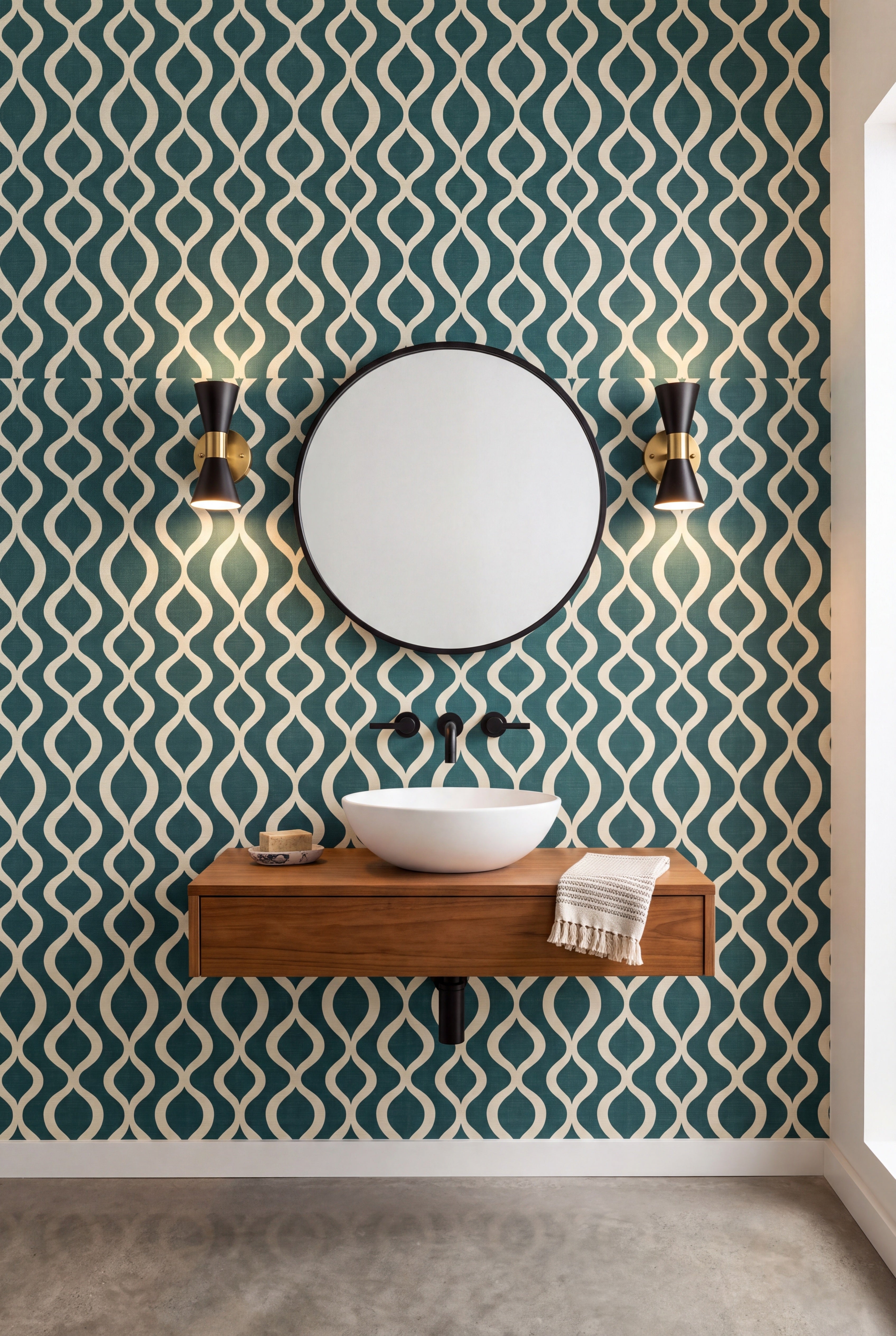 Lagoon Pendulum wallpaper shown in a powder room