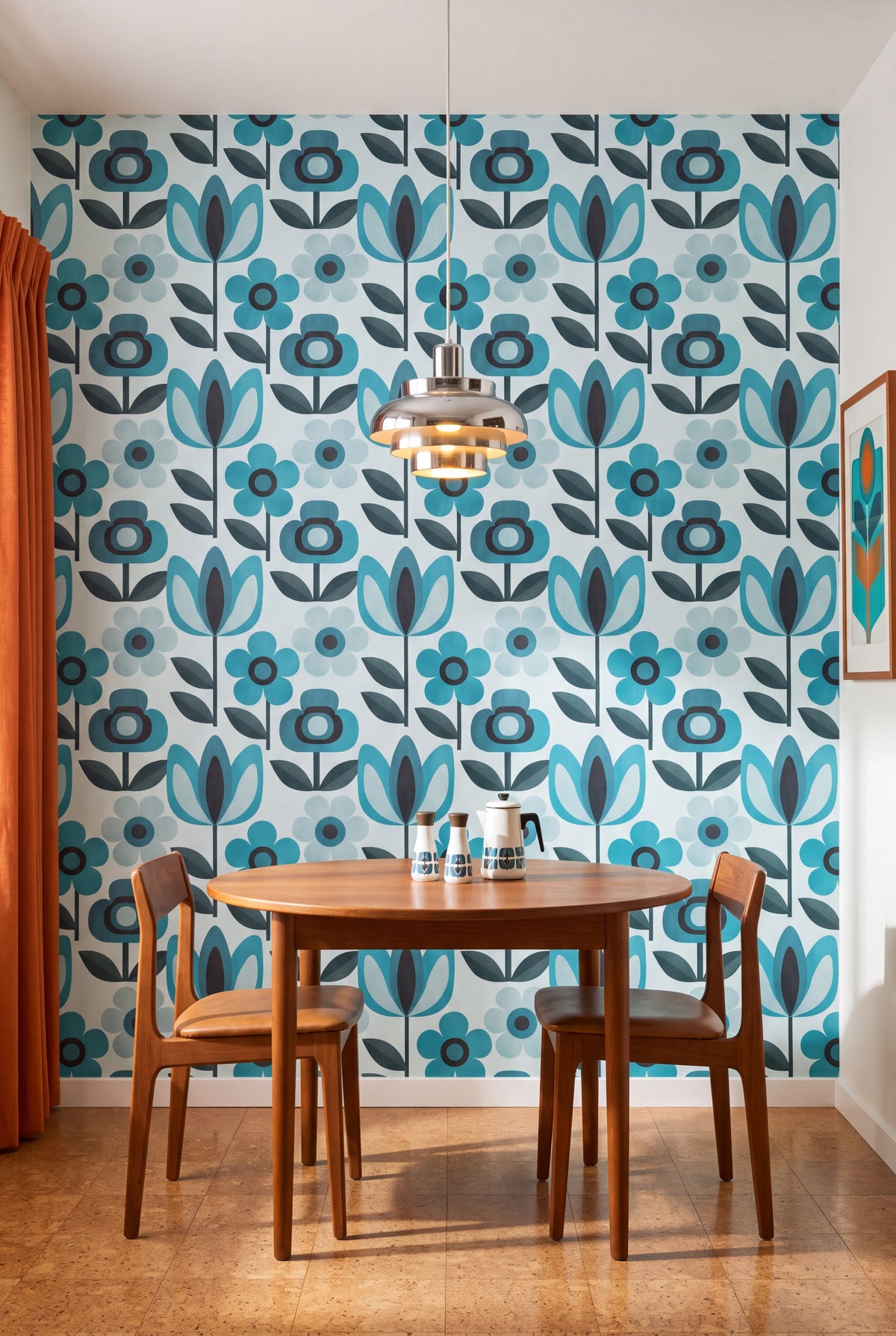 Aqua Daisy wallpaper shown in a kitchen breakfast nook