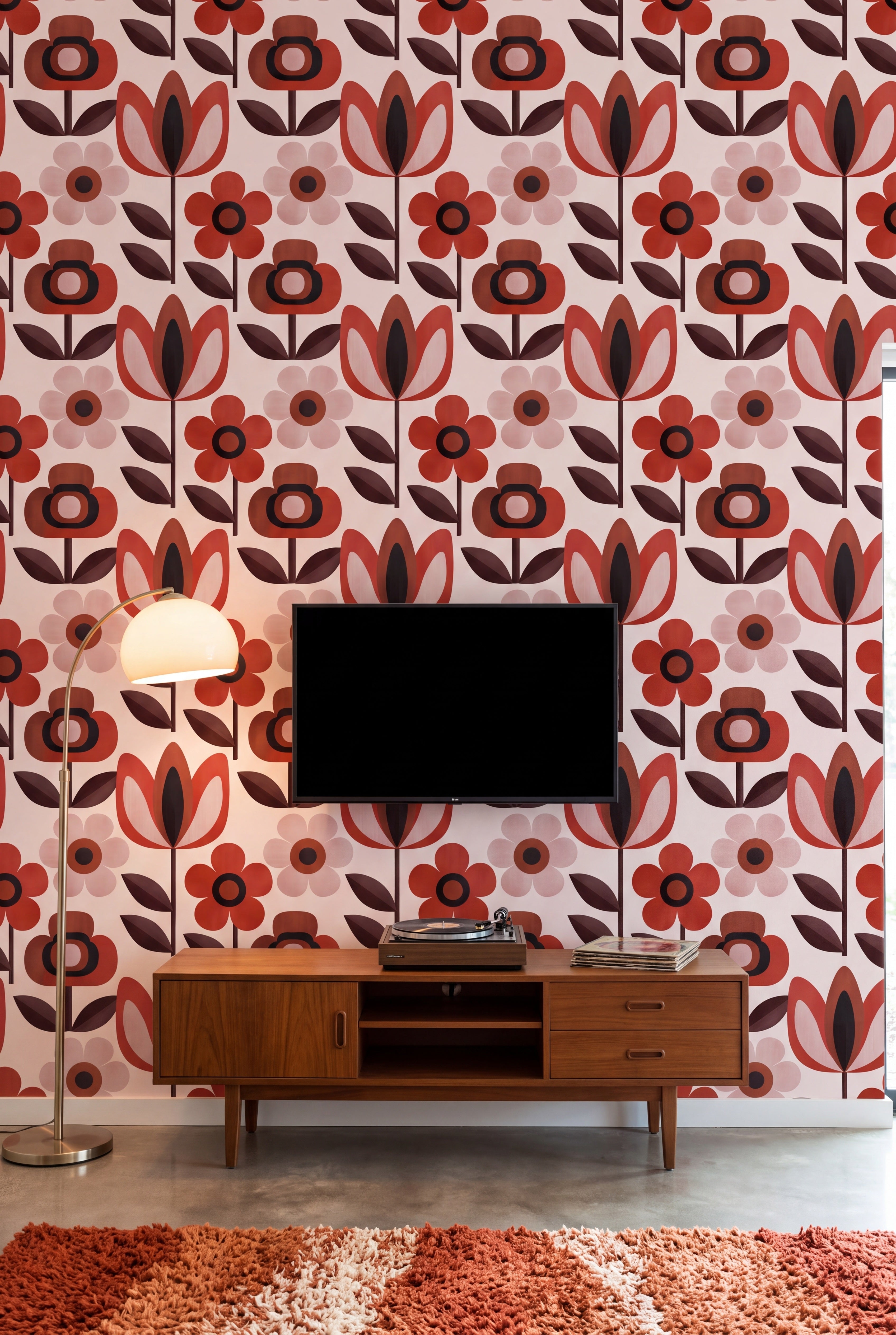 Scarlet Daisy wallpaper shown in a media room