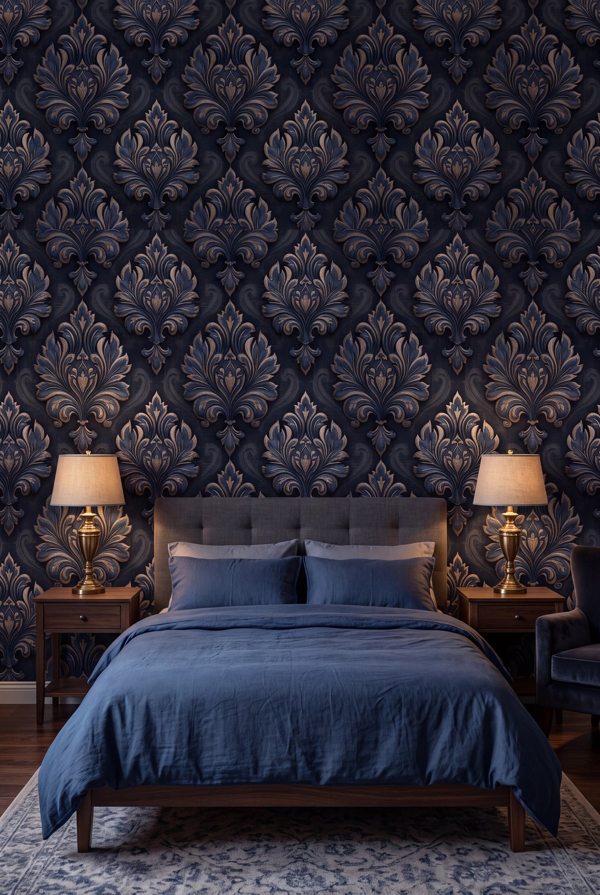 Sapphire Damask wallpaper shown in a bedroom