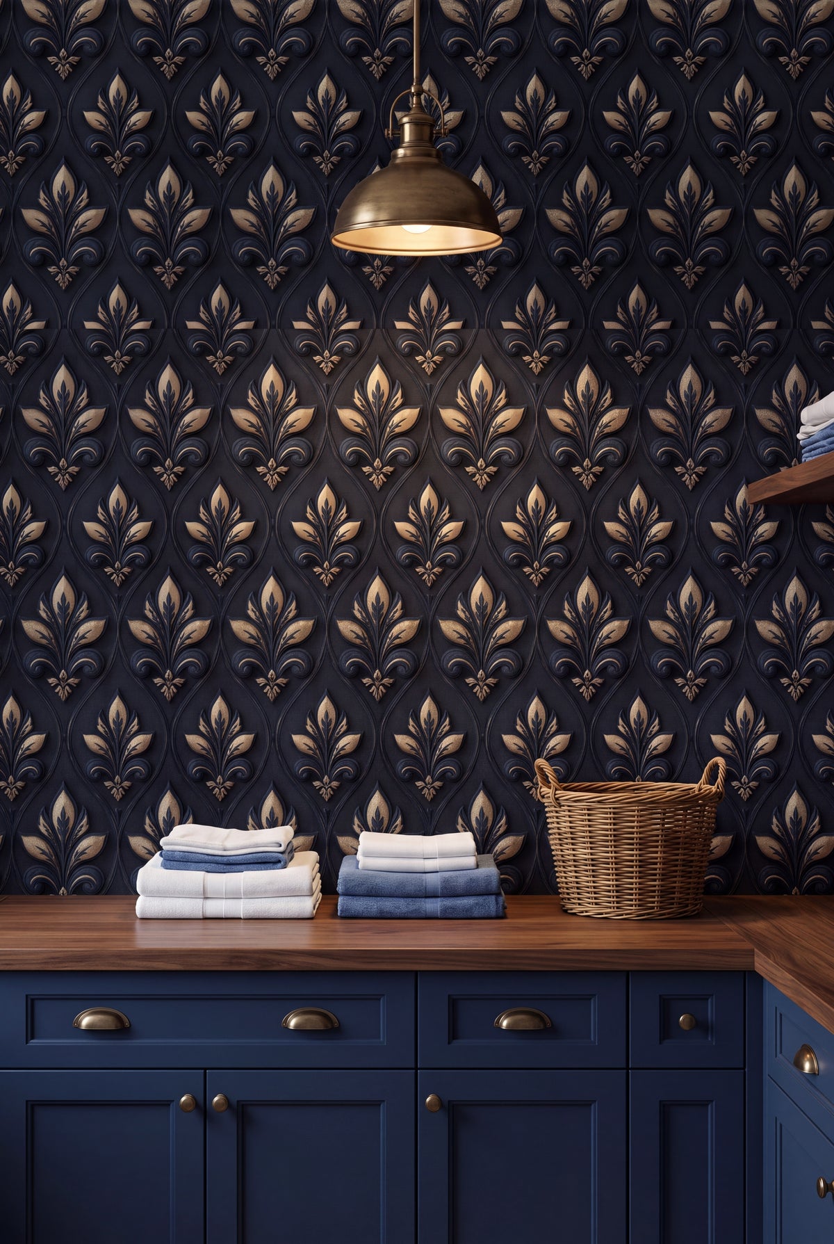 Sapphire Fleur wallpaper shown in a laundry room
