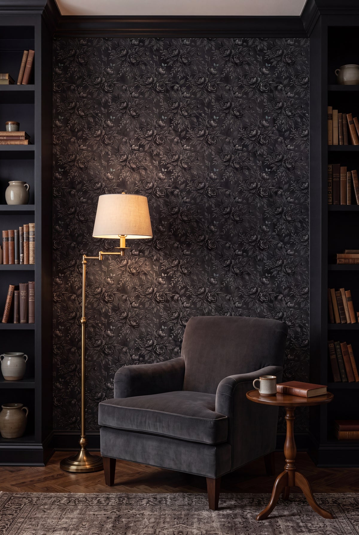 Ink Rose Relief wallpaper shown in a reading nook