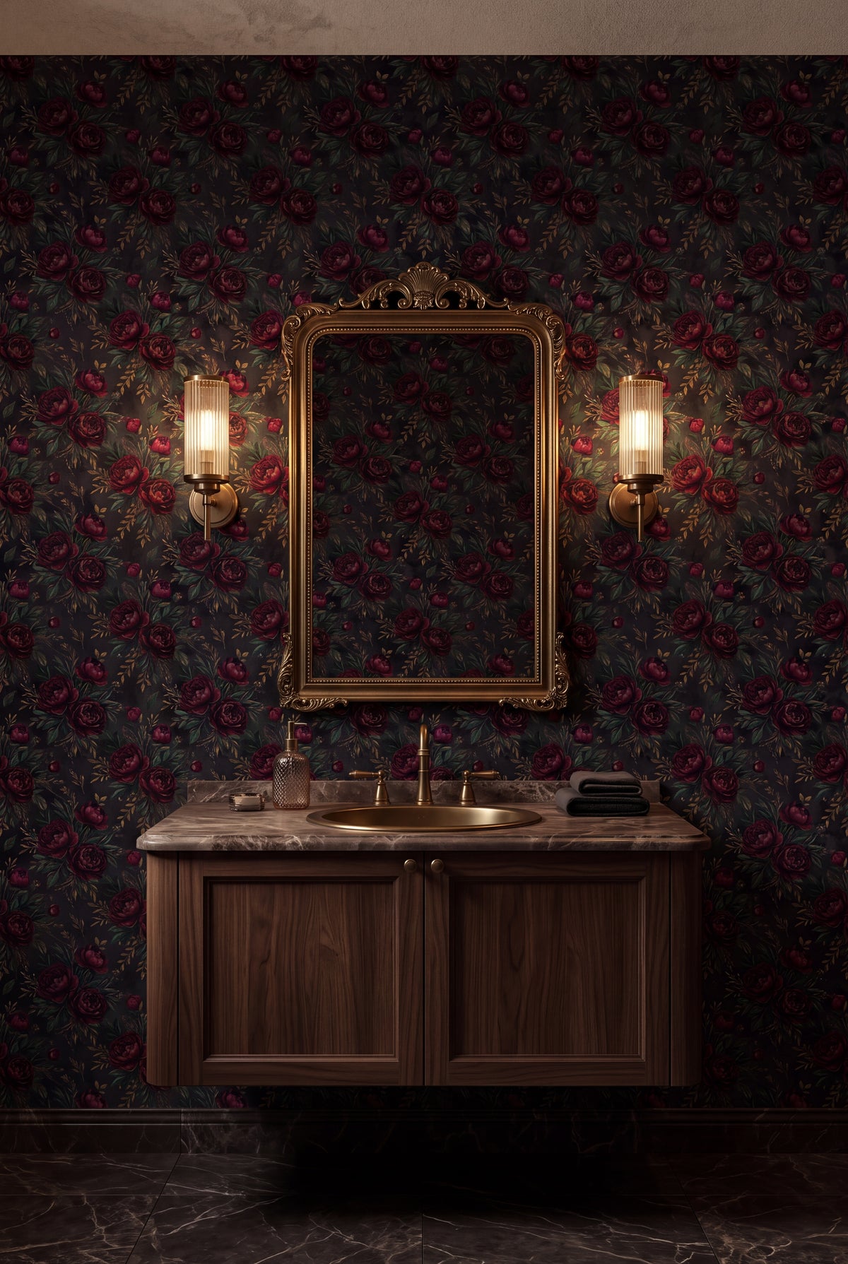 Garnet Peony wallpaper shown in a powder room