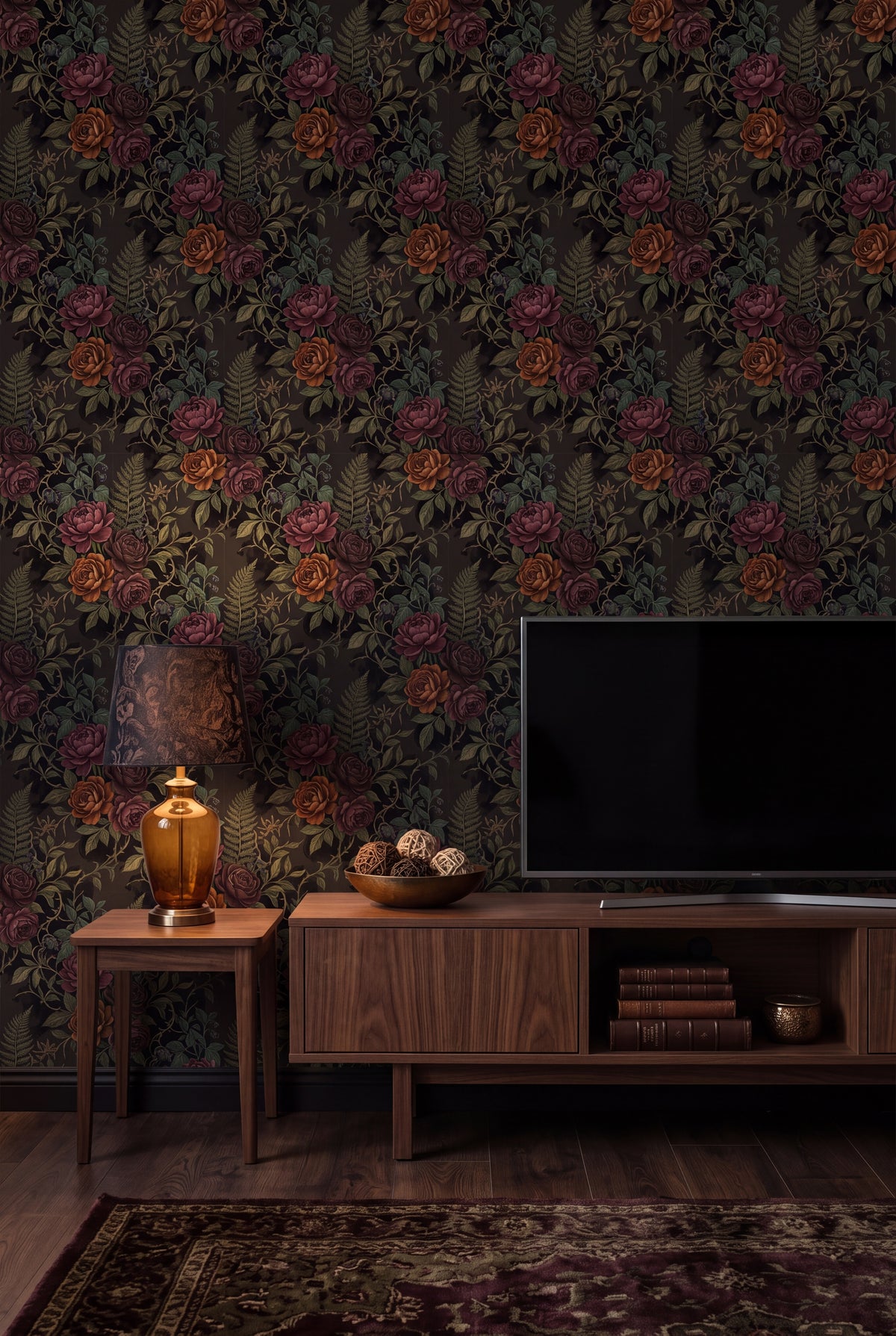 Ember Rose Fern wallpaper shown in a media room