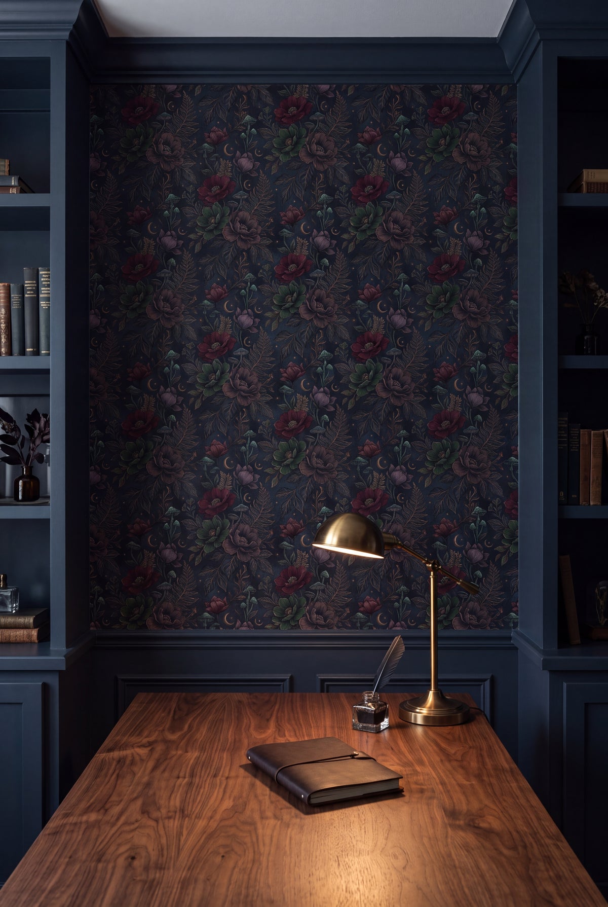 Moonlit Thicket wallpaper shown in a home office