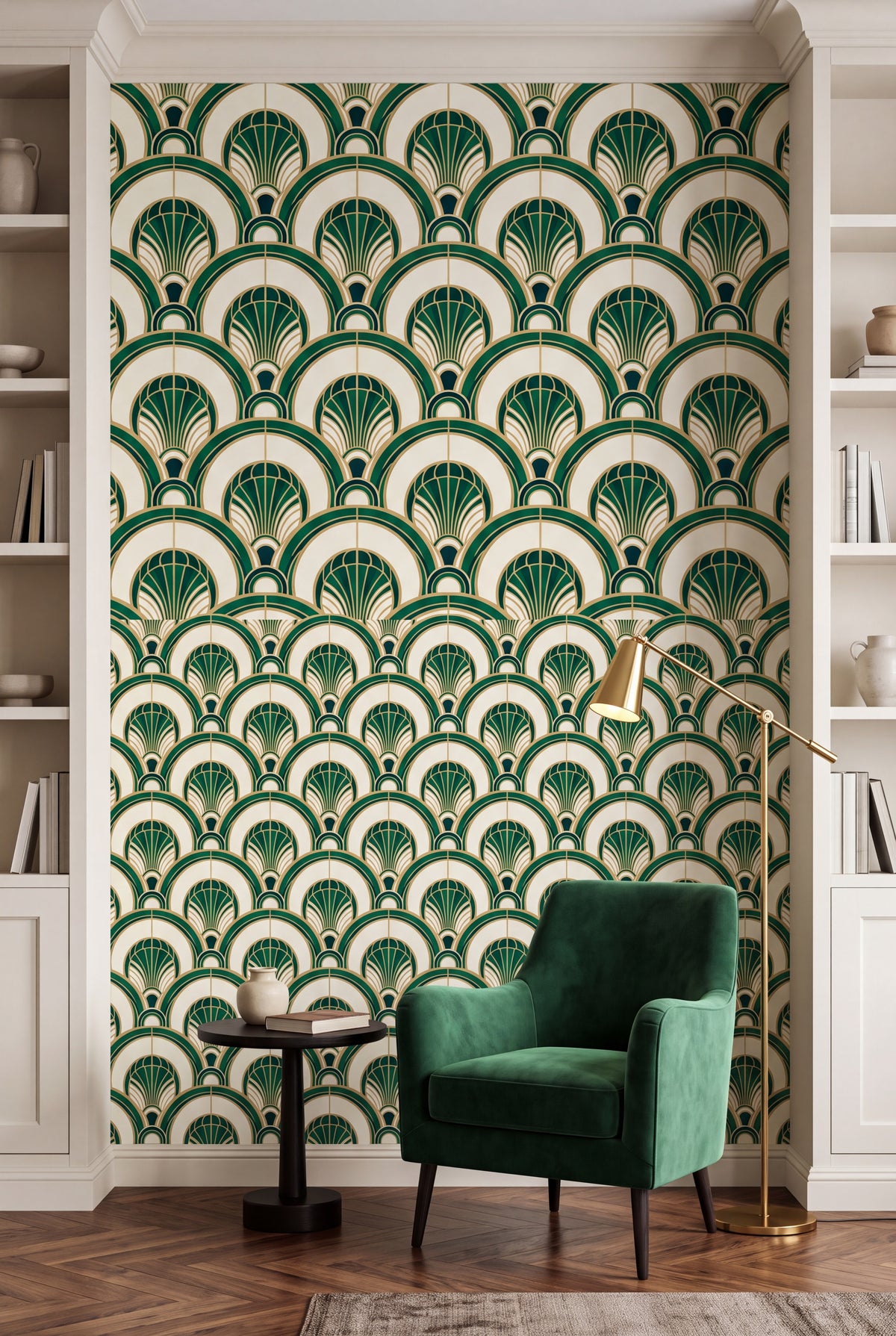 Ivory Deco Arch wallpaper shown in a reading nook