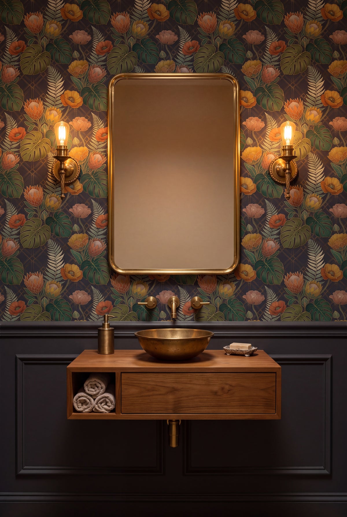 Protea Nocturne wallpaper shown in a powder room