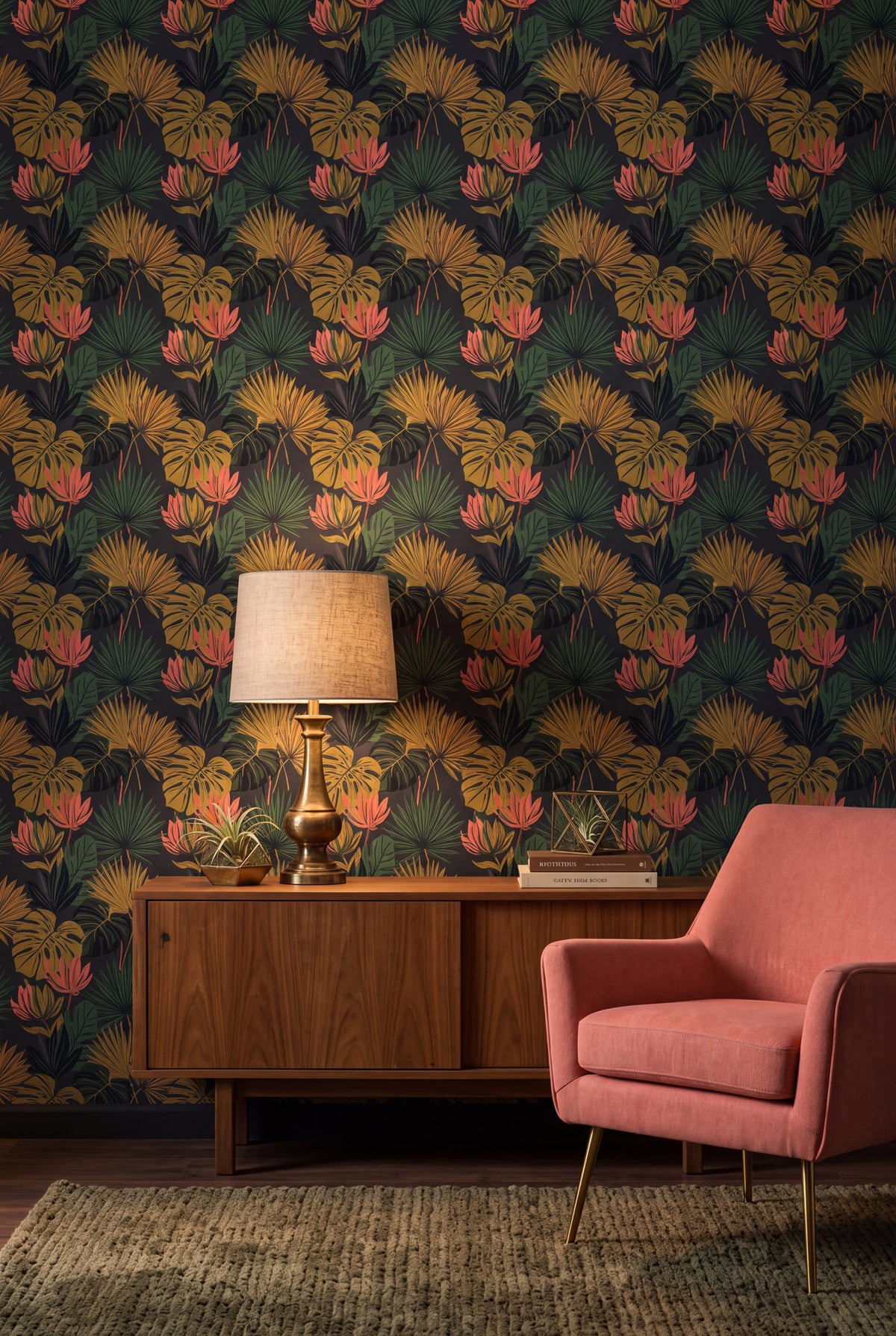 Gilded Palm wallpaper shown in a living room