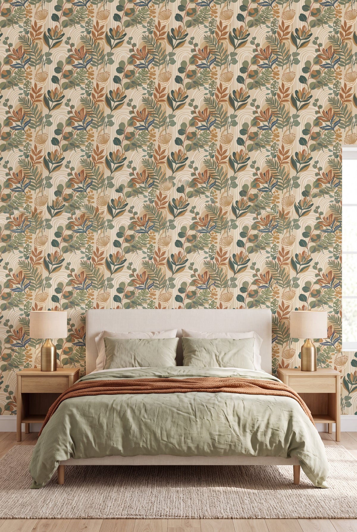 Sage Sprig wallpaper shown in a bedroom