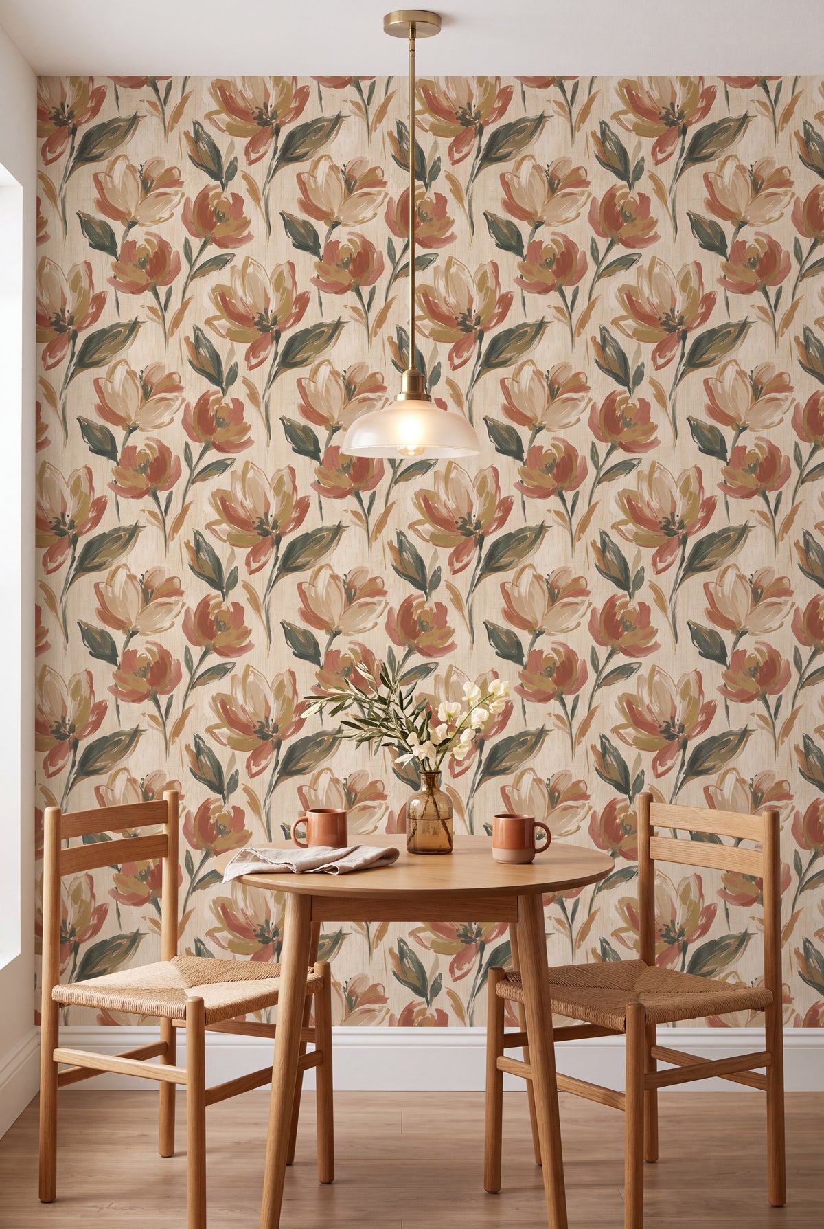 Magnolia Study wallpaper shown in a kitchen breakfast nook