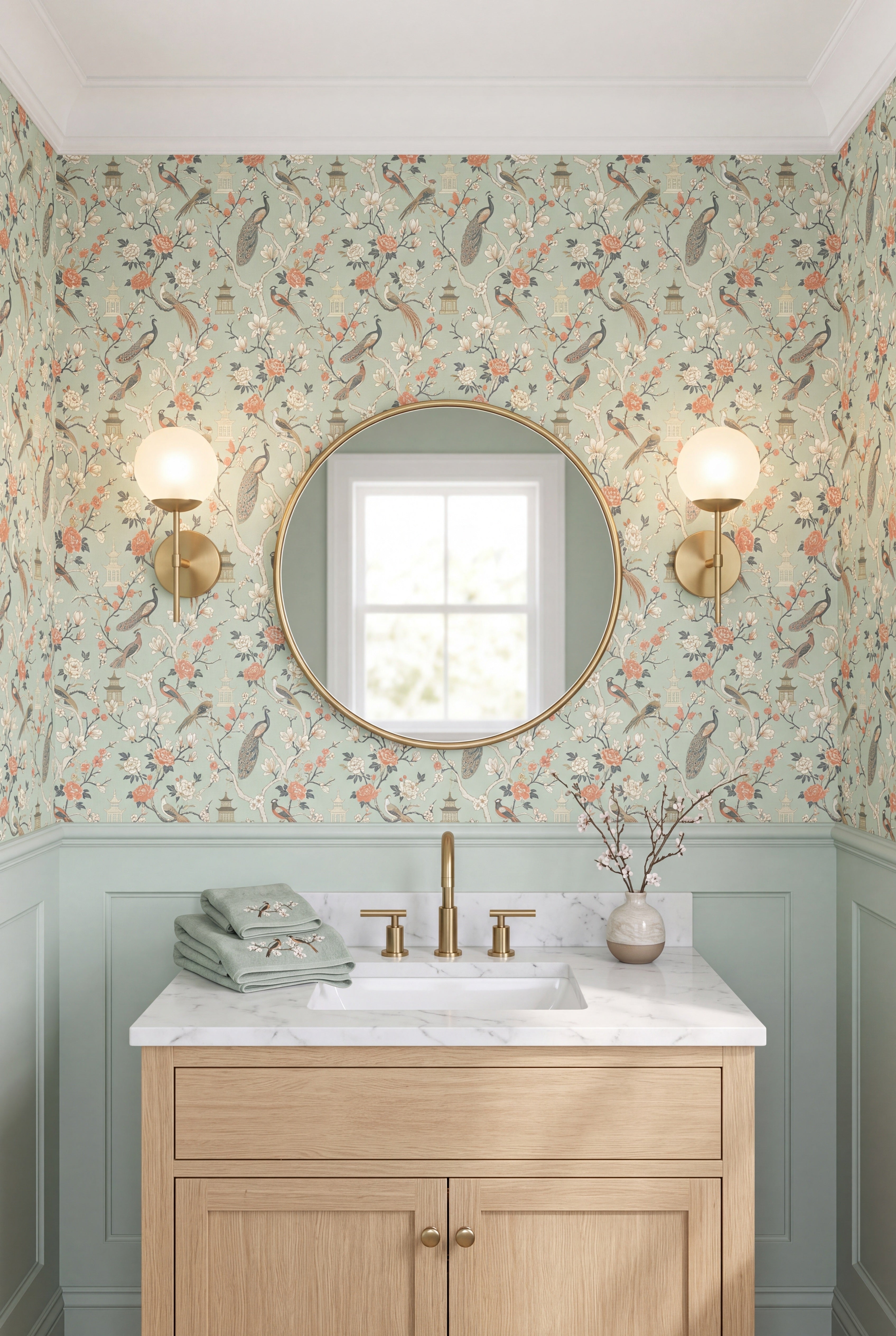 Celadon Aviary wallpaper shown in a powder room
