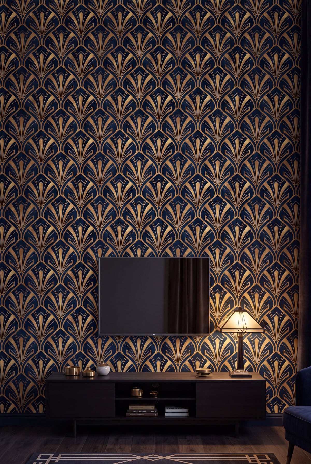 Midnight Plume wallpaper shown in a media room