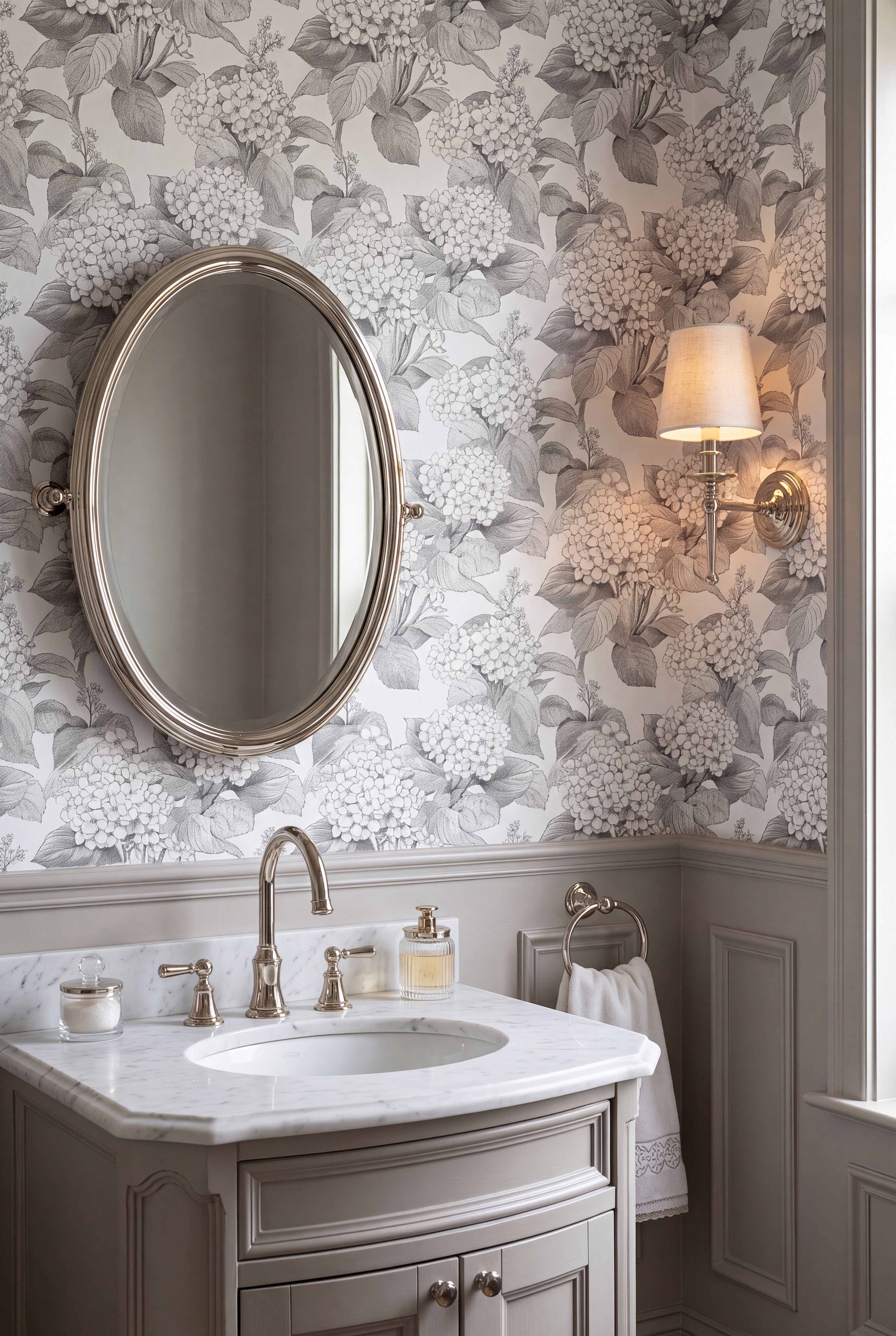 Ink Hydrangea wallpaper shown in a powder room