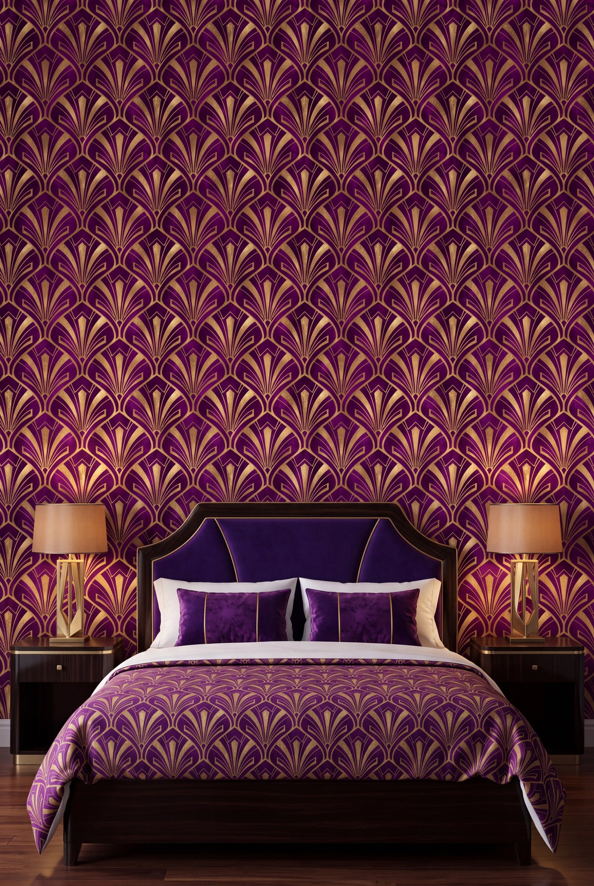 Orchid Plume wallpaper shown in a bedroom