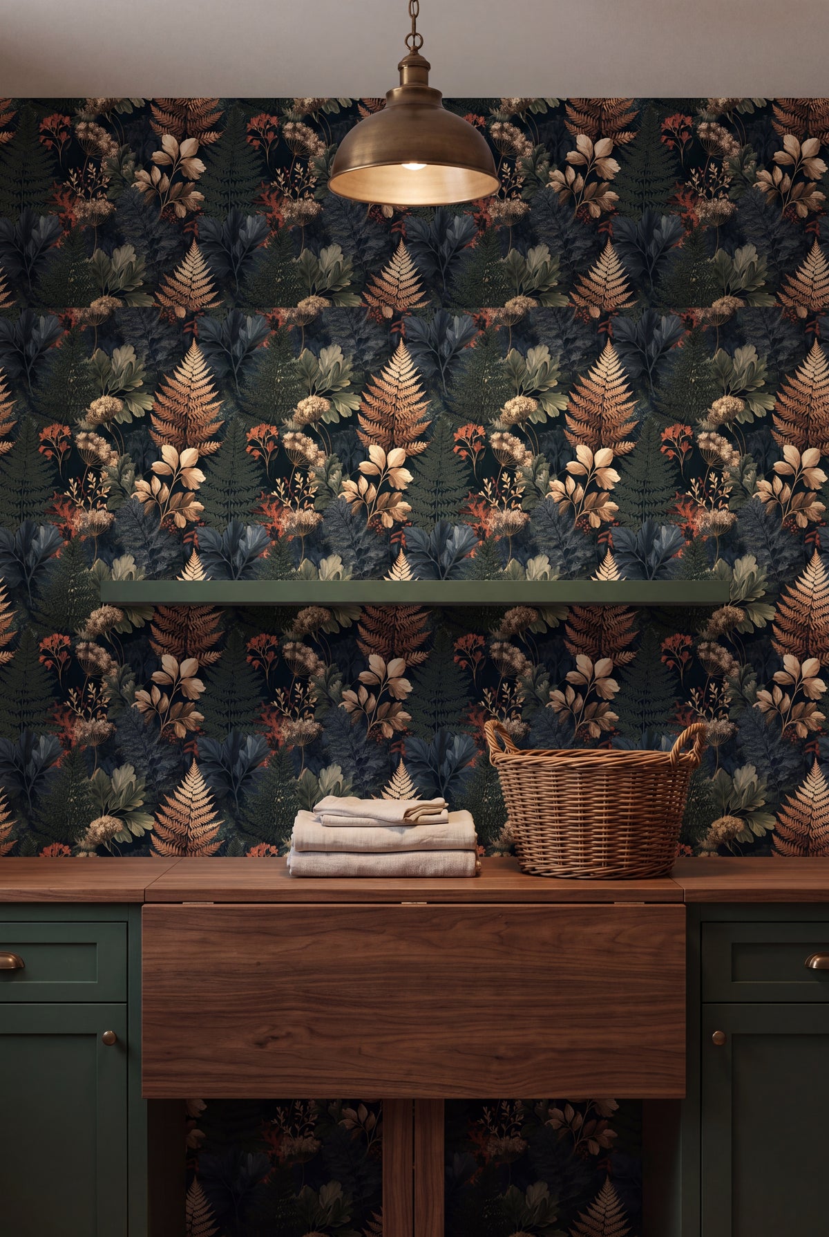 Blush Fernery wallpaper shown in a laundry room