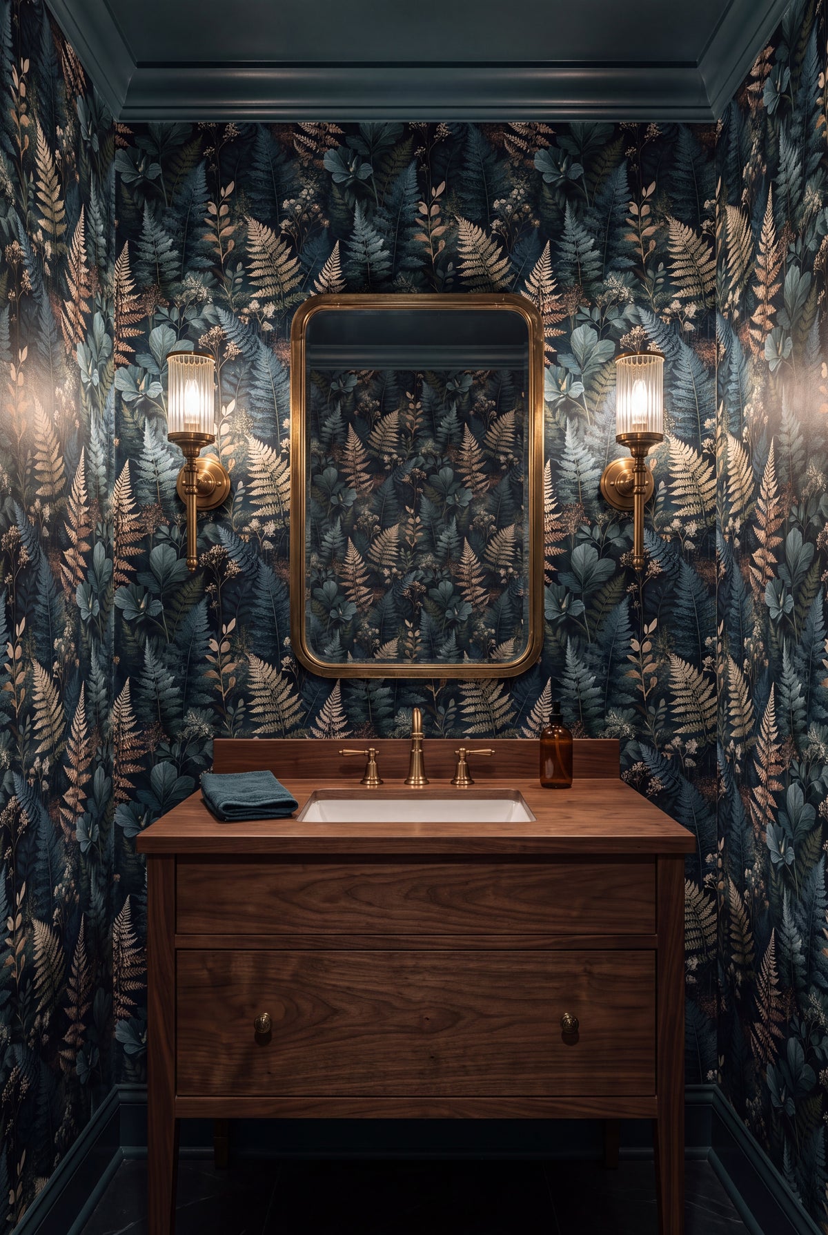 Frosted Fernery wallpaper shown in a powder room