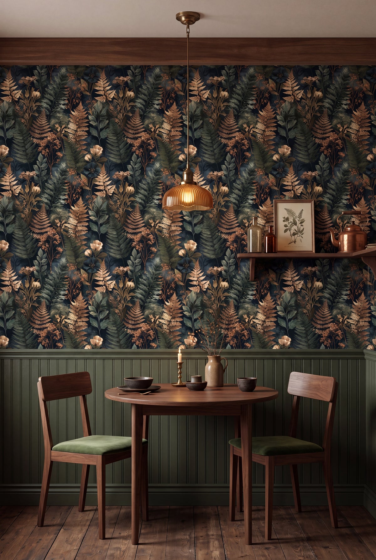 Golden Fernery wallpaper shown in a kitchen breakfast nook