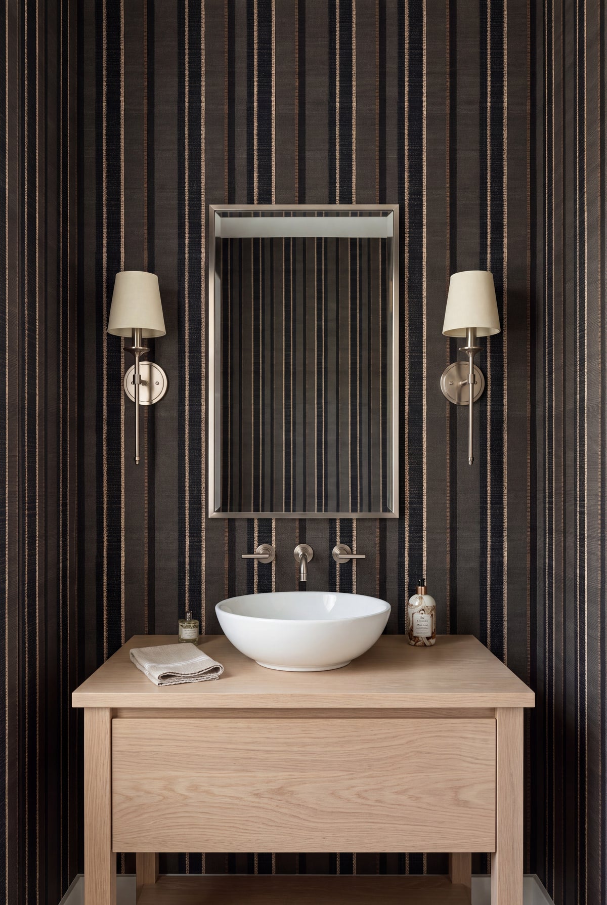 Bracken Weave wallpaper shown in a powder room