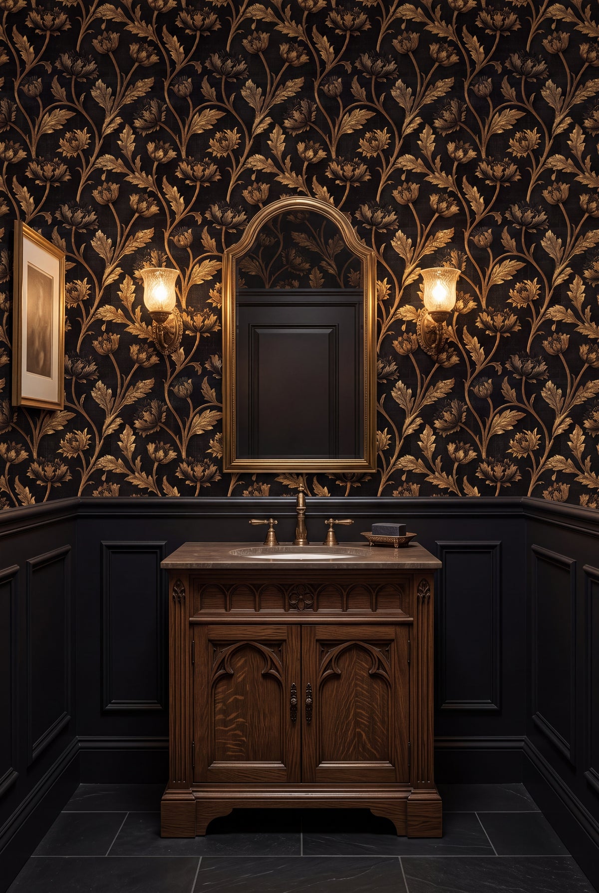 Brass Poppy wallpaper shown in a powder room