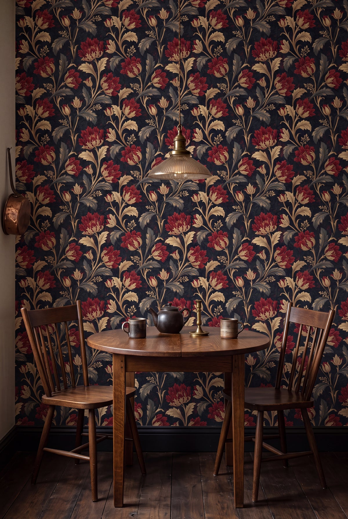Crimson Abbey wallpaper shown in a kitchen breakfast nook
