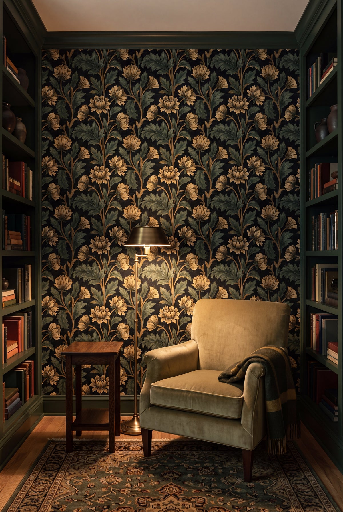 Chapel Green wallpaper shown in a reading nook