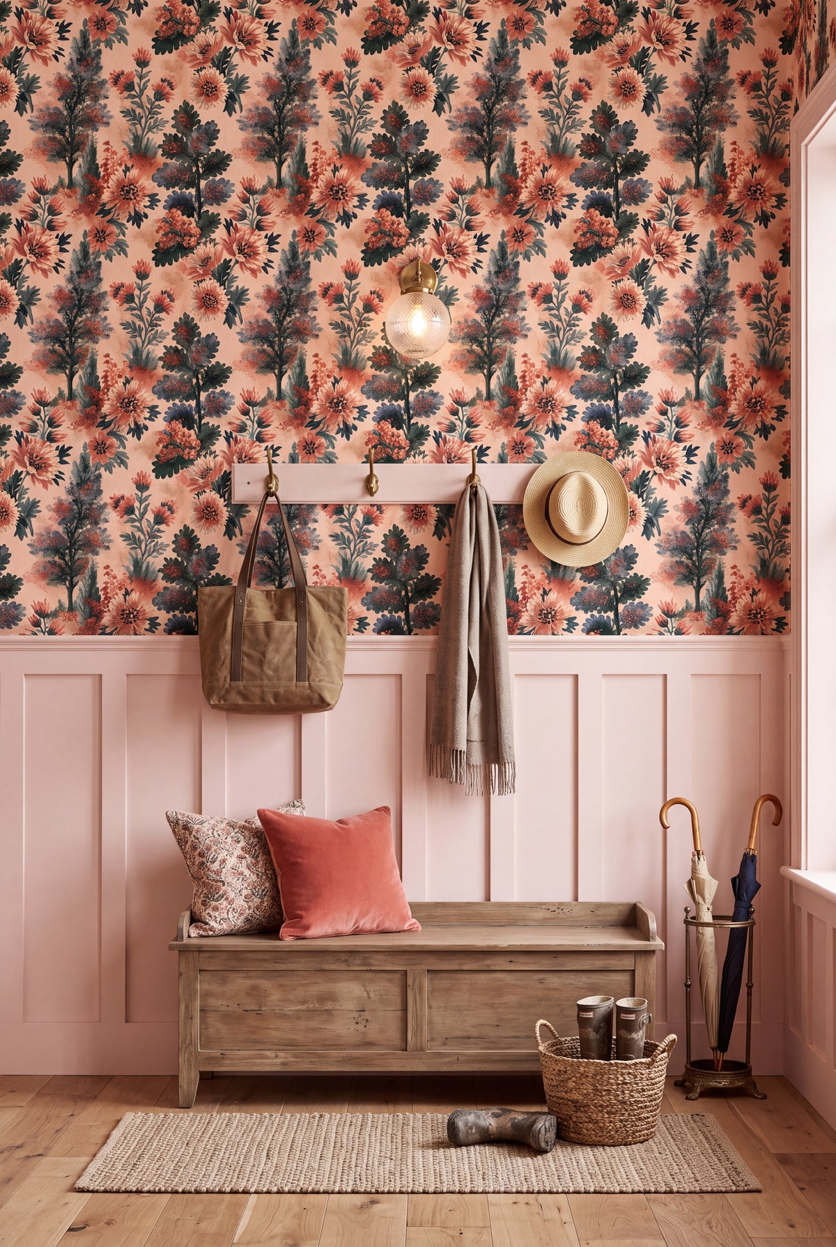 Peach Arbor wallpaper shown in a mudroom