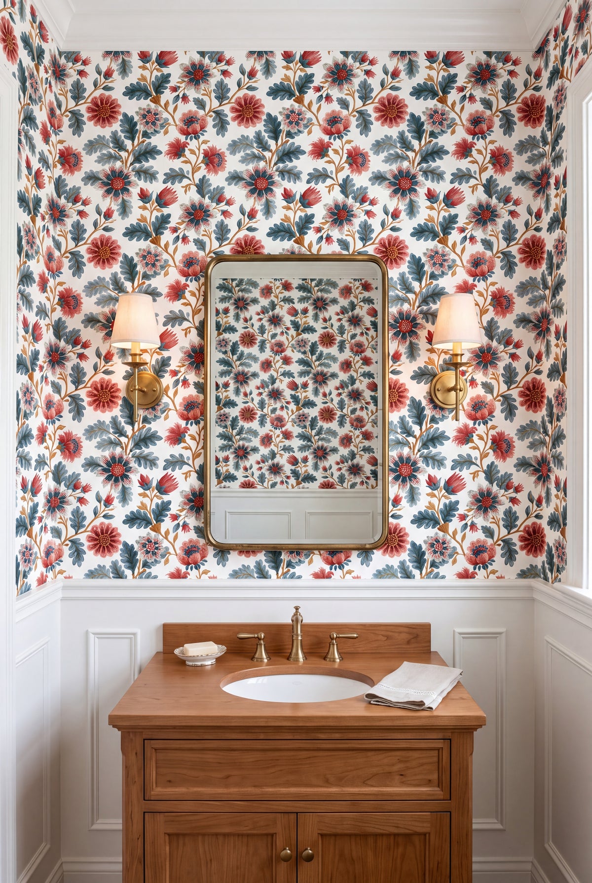 Cranberry Chintz wallpaper shown in a powder room
