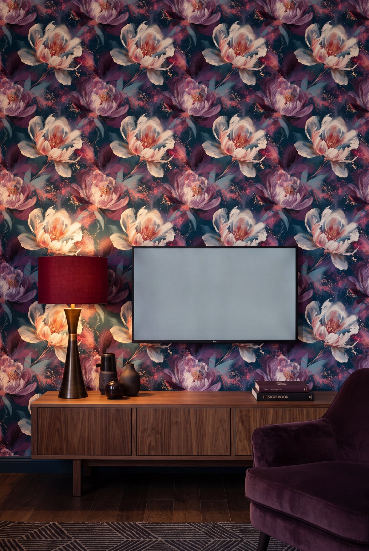 Nightfall Peony wallpaper shown in a media room