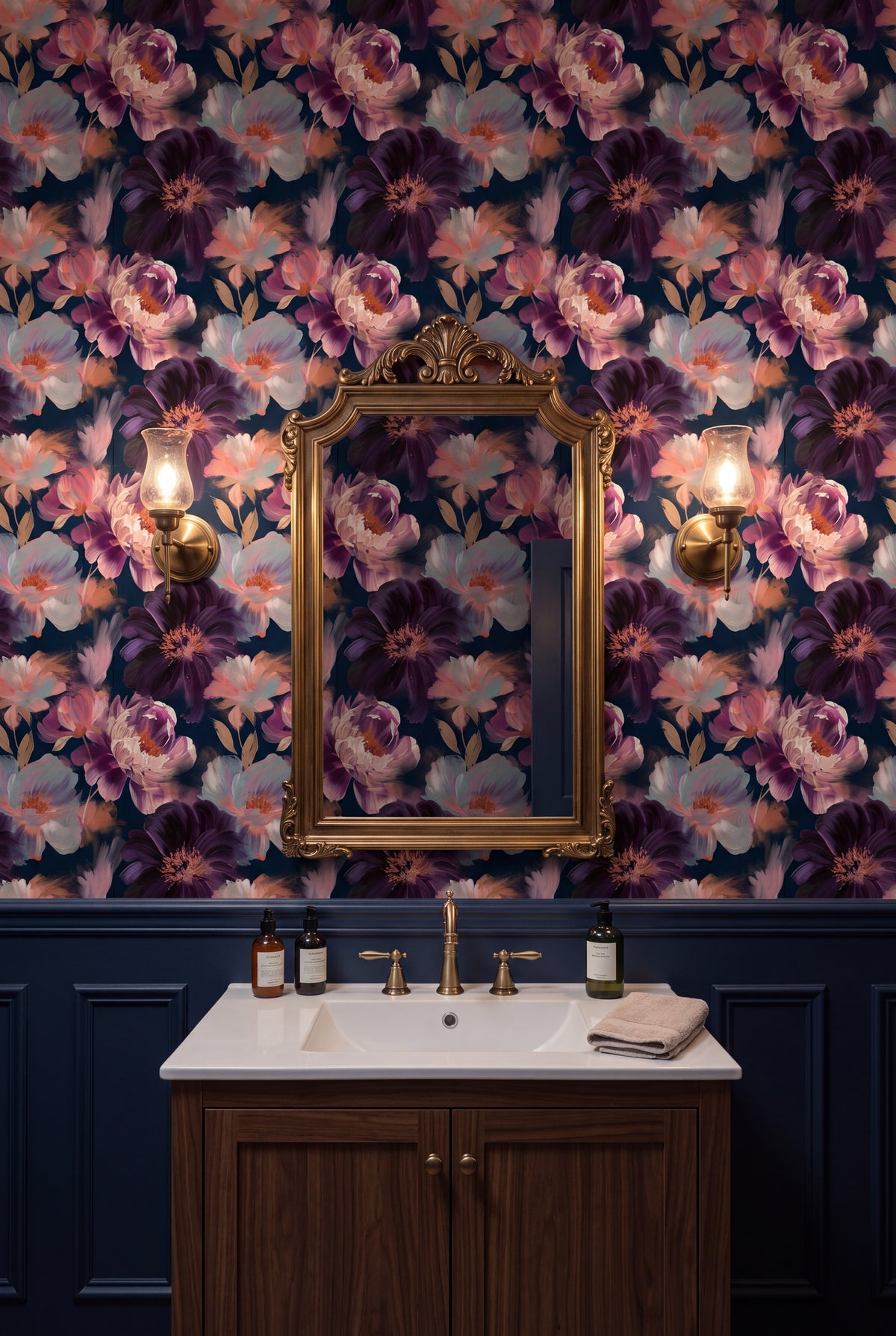 Violet Peony wallpaper shown in a powder room