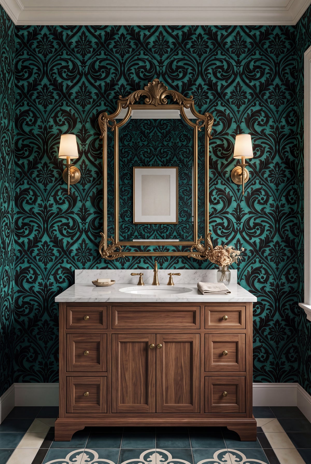 Teal Silhouette wallpaper shown in a powder room