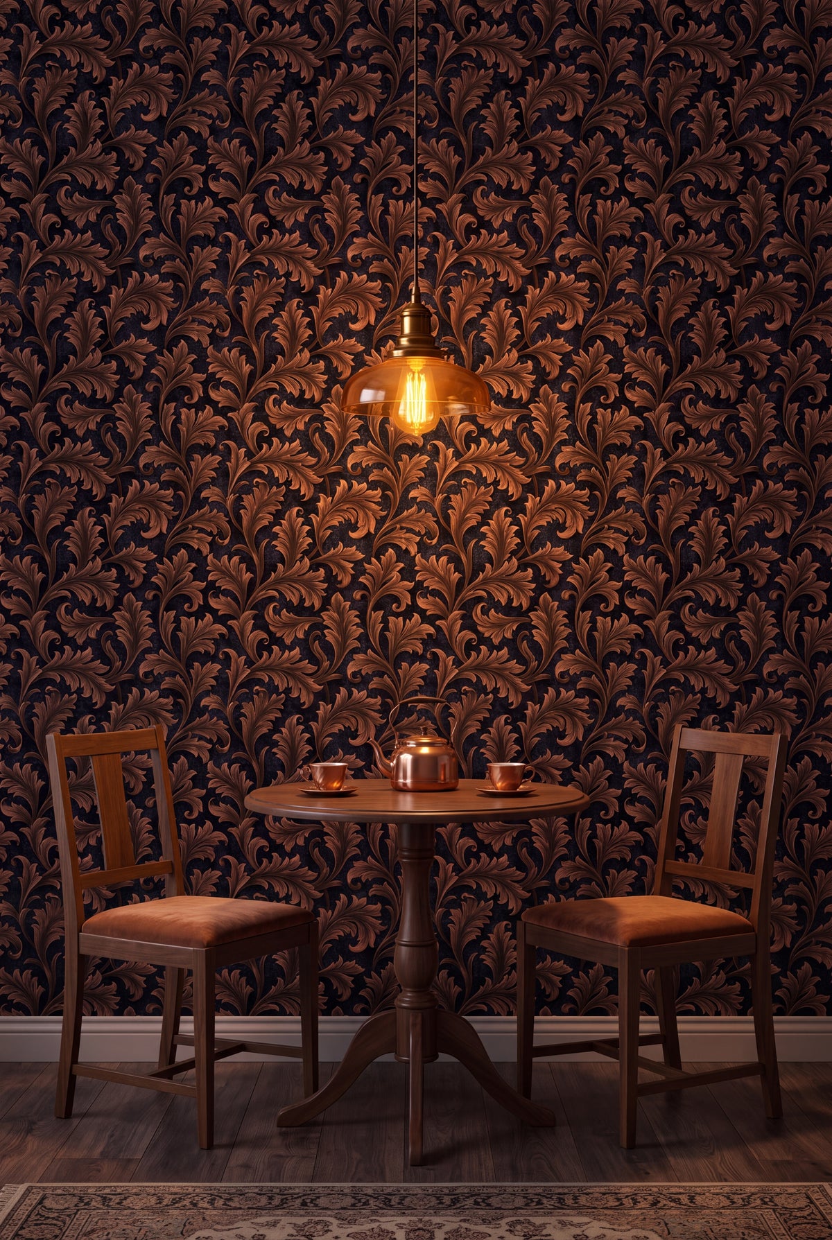 Copper Frond wallpaper shown in a kitchen breakfast nook