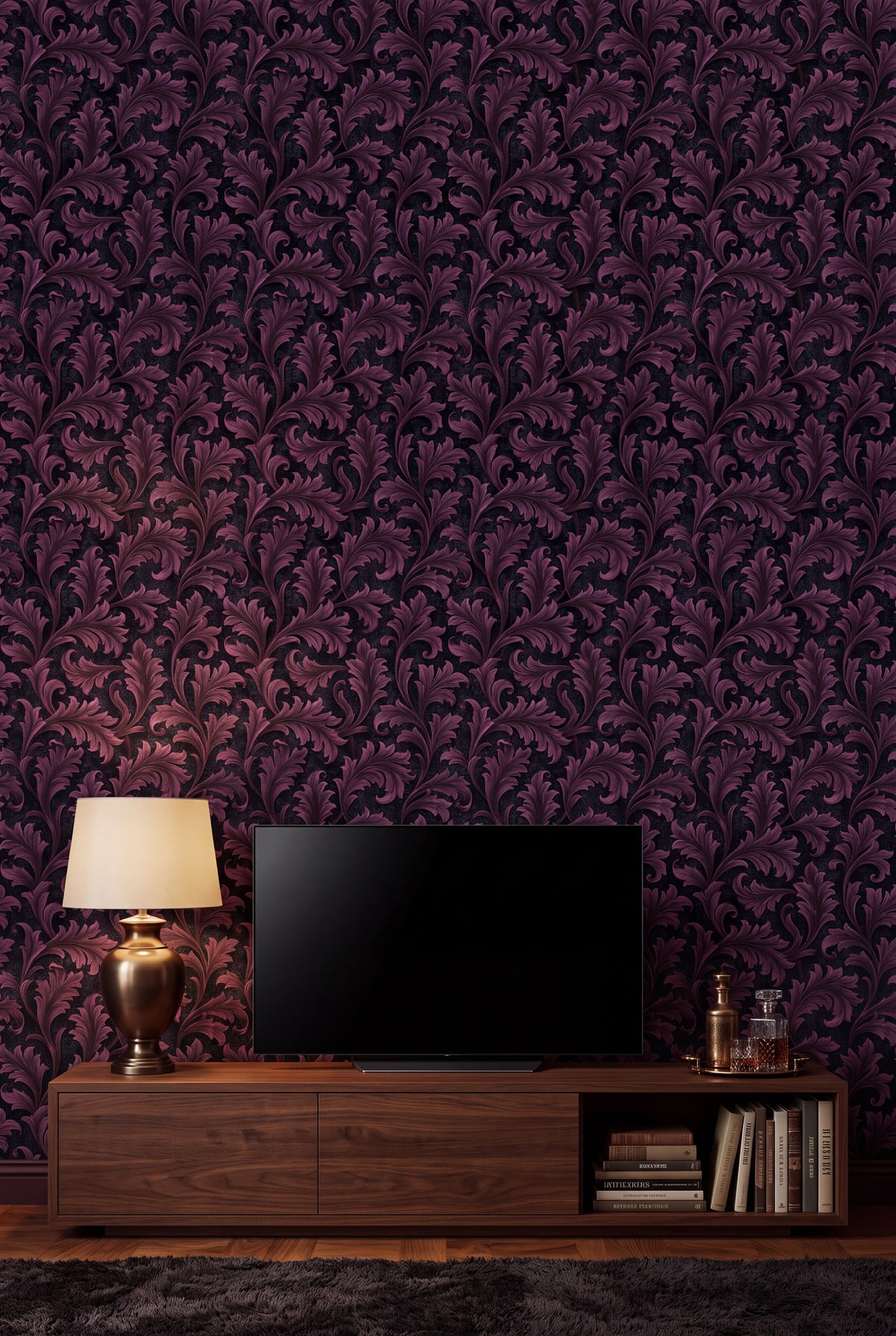 Plum Frond wallpaper shown in a media room